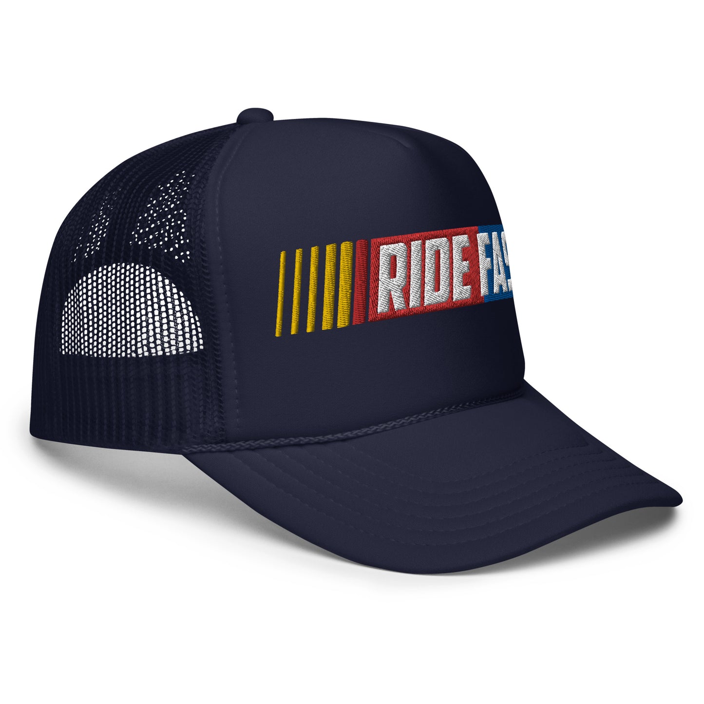 right side of Ronnie Mac Ride Fast Foam Embroidered Trucker Hat (Navy)