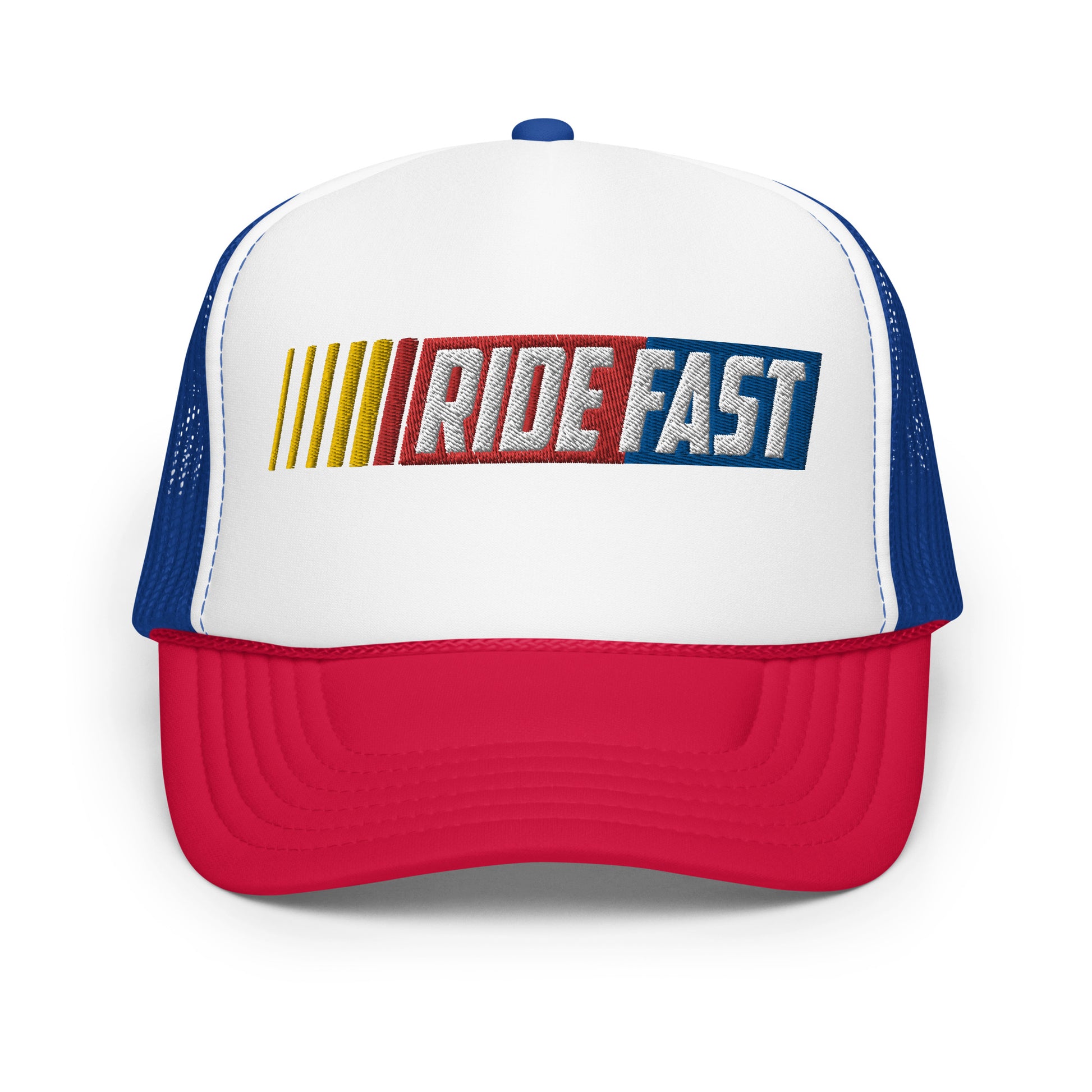 front of Ronnie Mac Ride Fast Foam Embroidered Trucker Hat (white/red/blue)