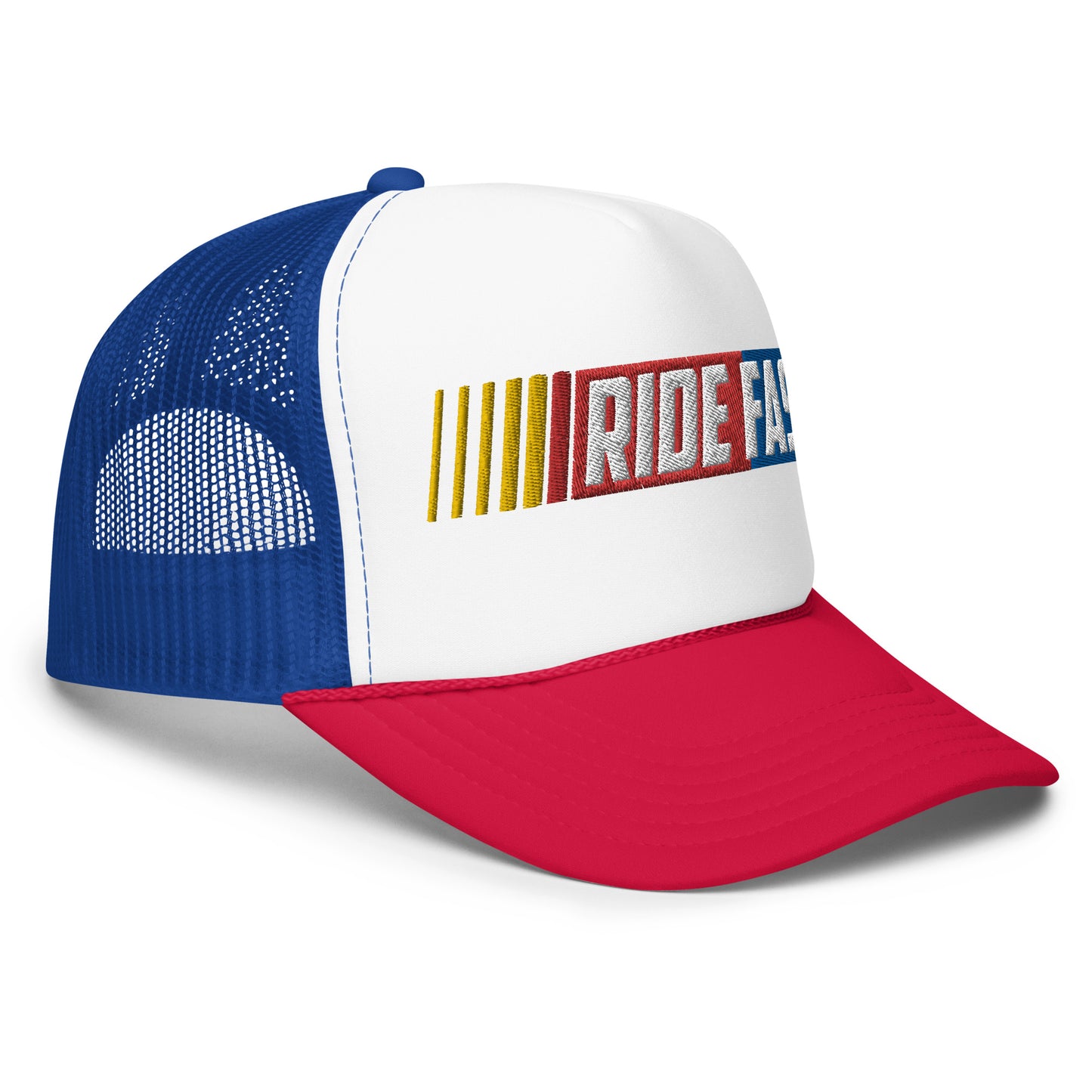 right side of Ronnie Mac Ride Fast Foam Embroidered Trucker Hat (white/red/blue)