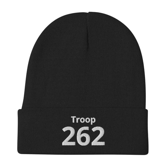 Black beanie hat with embroidered text "Troop 262" for warmth and style, perfect for outdoor activities.