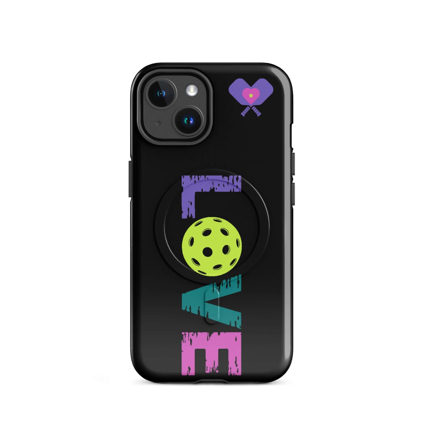 LOVE Pickleball MagSafe Tough Case for iPhone with colorful text and design, perfect for pickleball lovers.