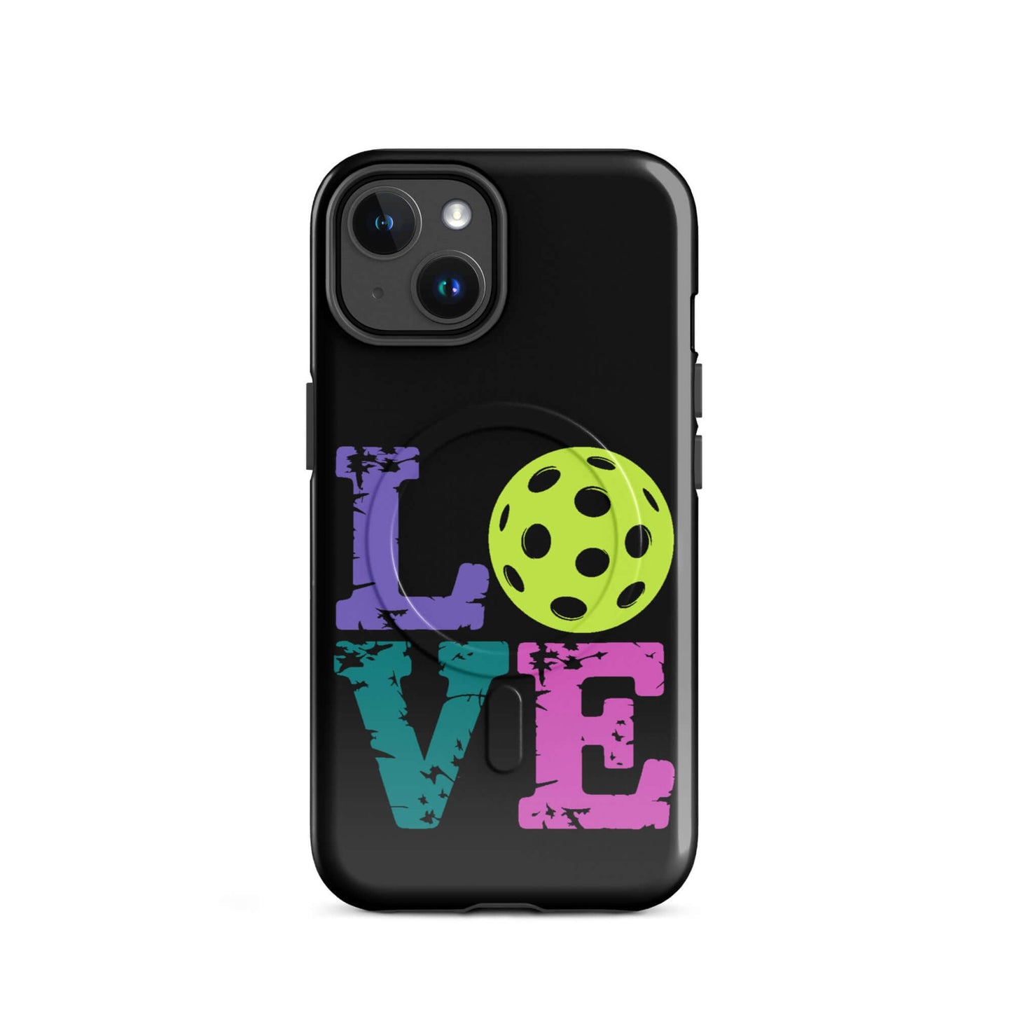 LOVE Pickleball MagSafe Tough Case for iPhone, colorful design with pickleball graphic.