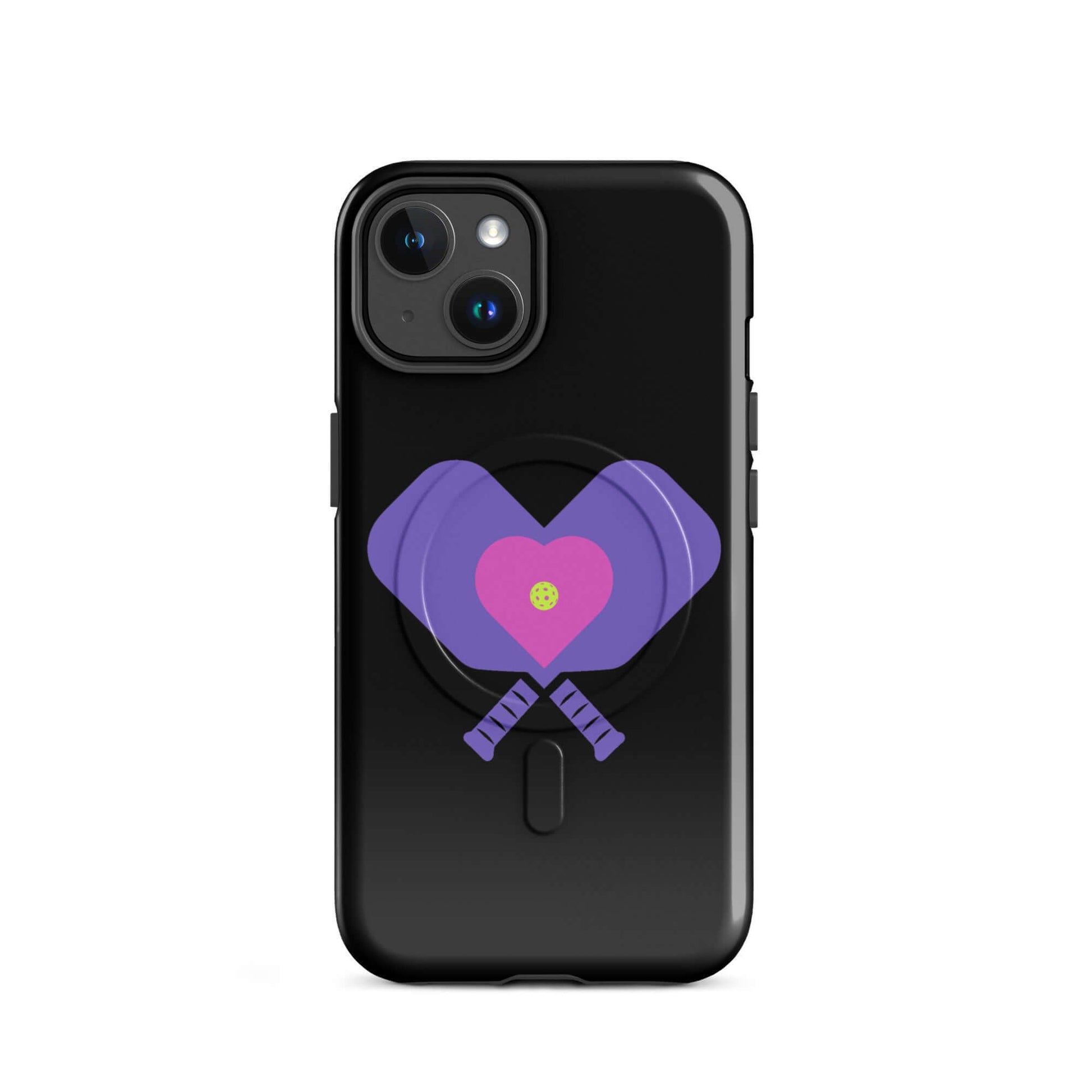 LOVE Pickleball MagSafe® tough case for iPhone® featuring purple heart and paddles design.