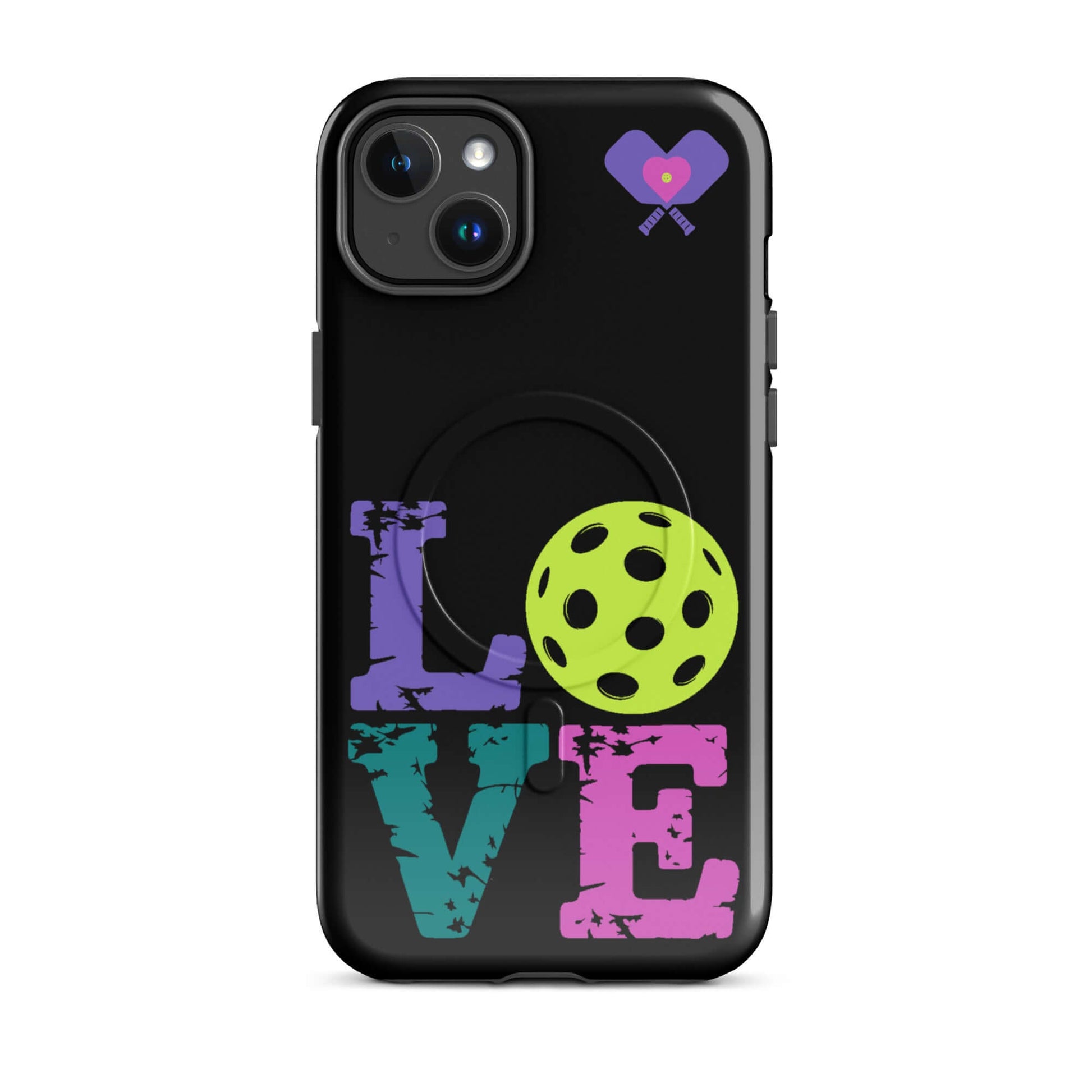 Women’s LOVE Pickleball MagSafe Tough Case for iPhone showcasing vibrant colors and a pickleball design.