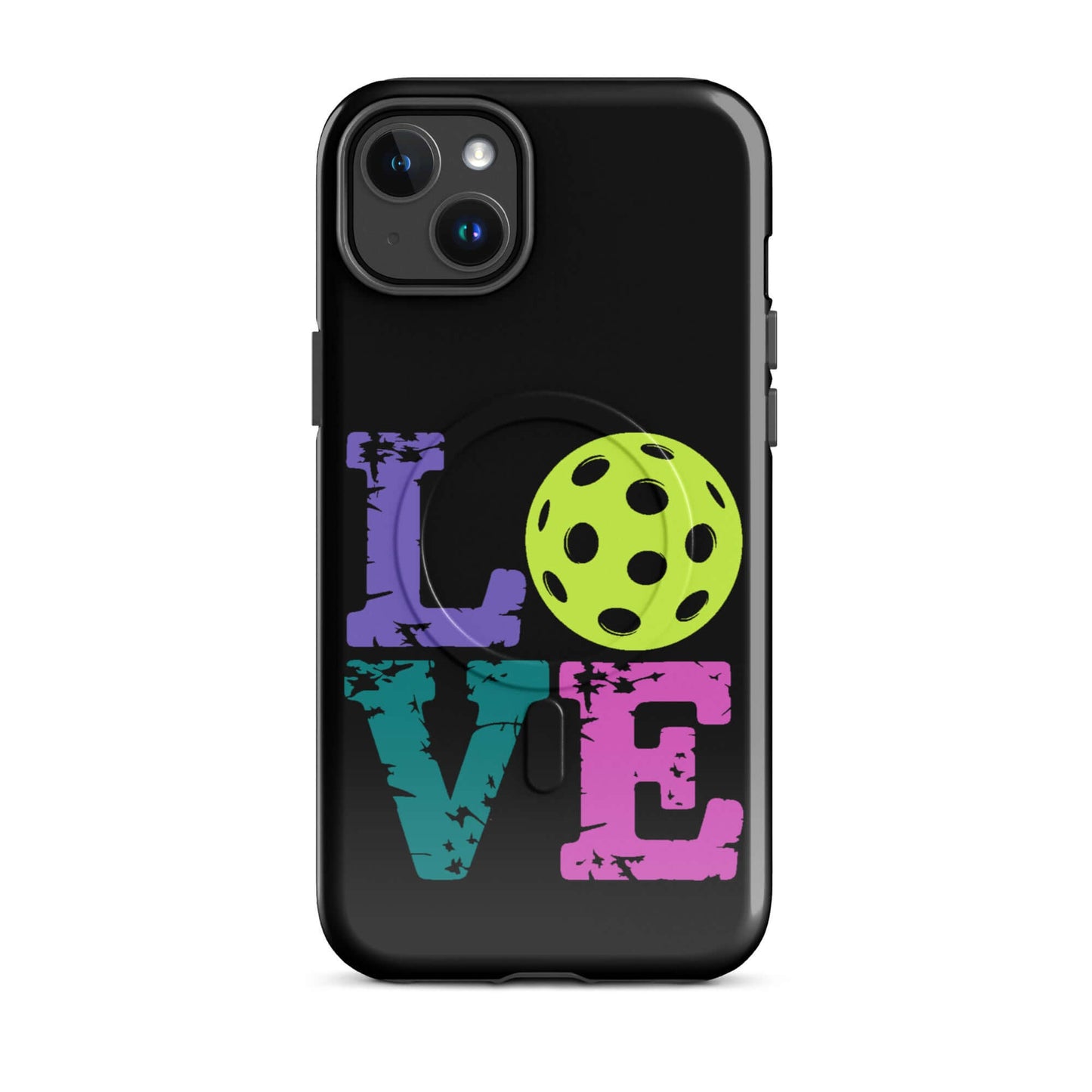 LOVE Pickleball MagSafe® Tough Case for iPhone® with colorful letters and pickleball design.