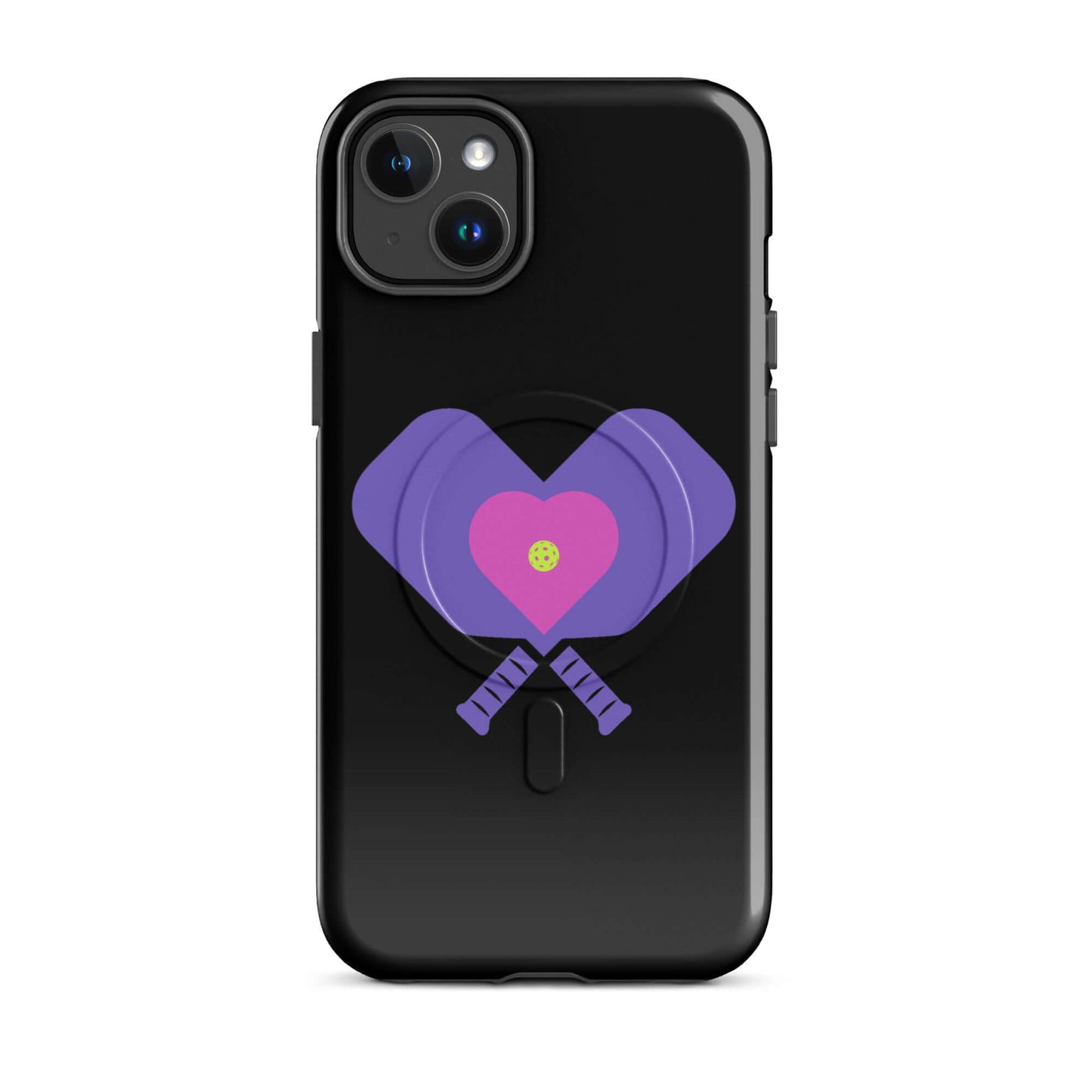 LOVE Pickleball MagSafe Tough Case for iPhone featuring heart and paddle design on a black background.