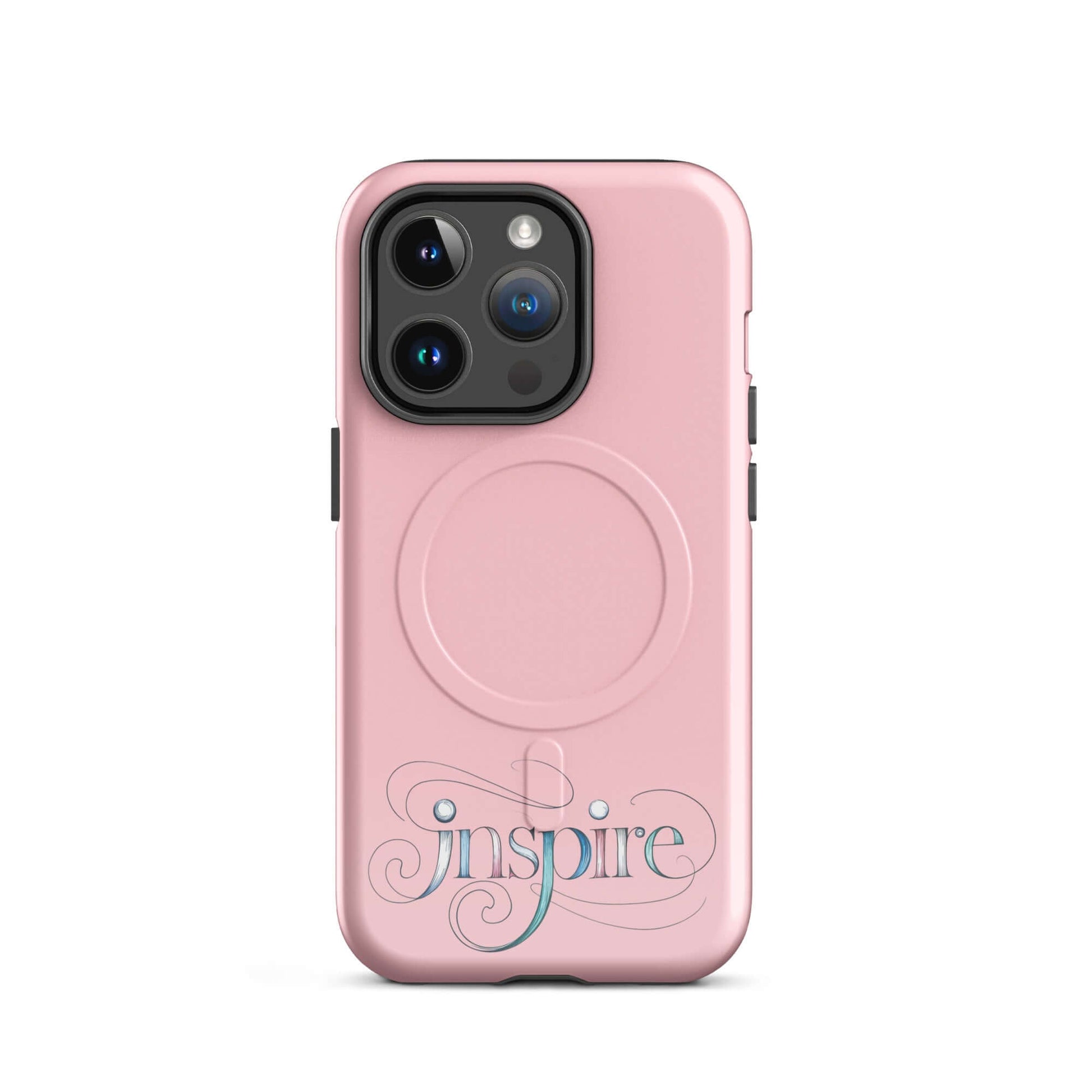 Inspire Sketch MagSafe Tough Case for iPhone featuring elegant word art design in pink.