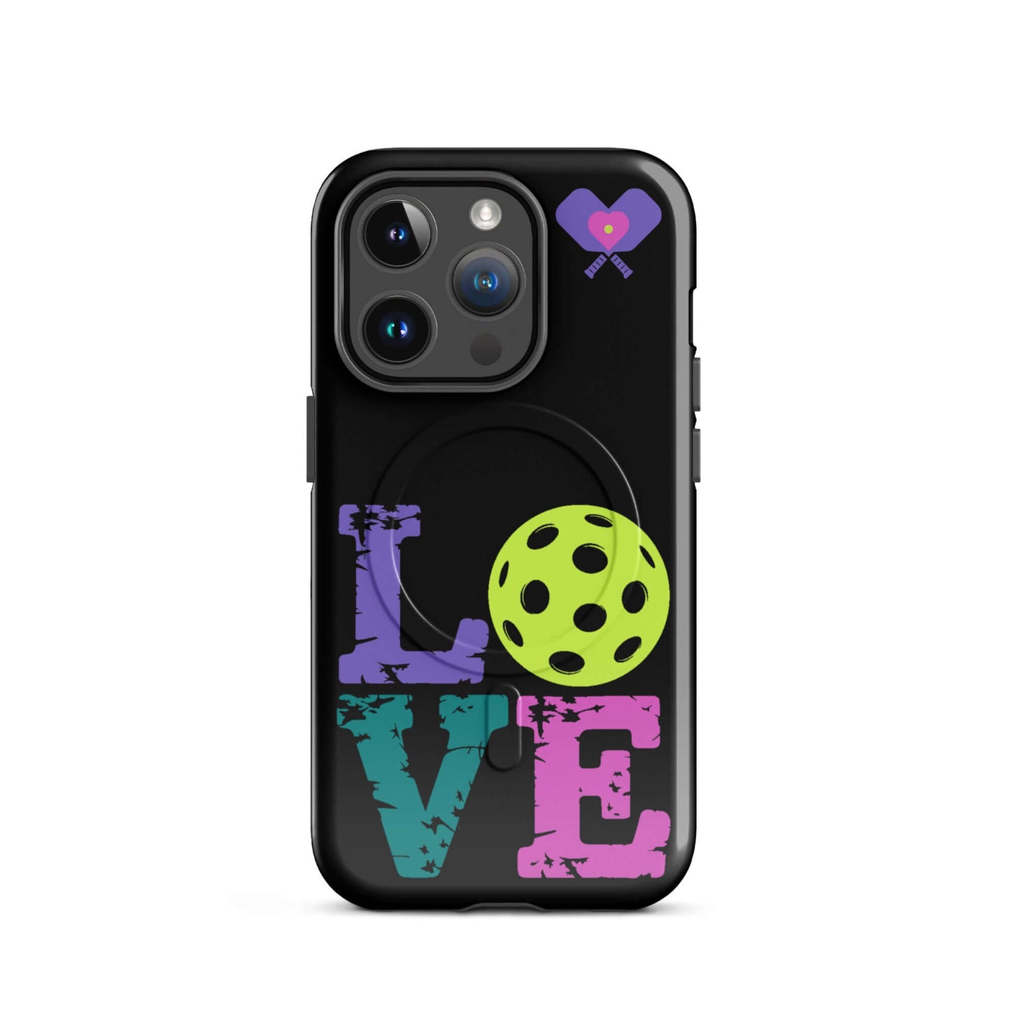 Colorful Women's LOVE Pickleball MagSafe® Tough Case for iPhone® with heart and pickleball design.