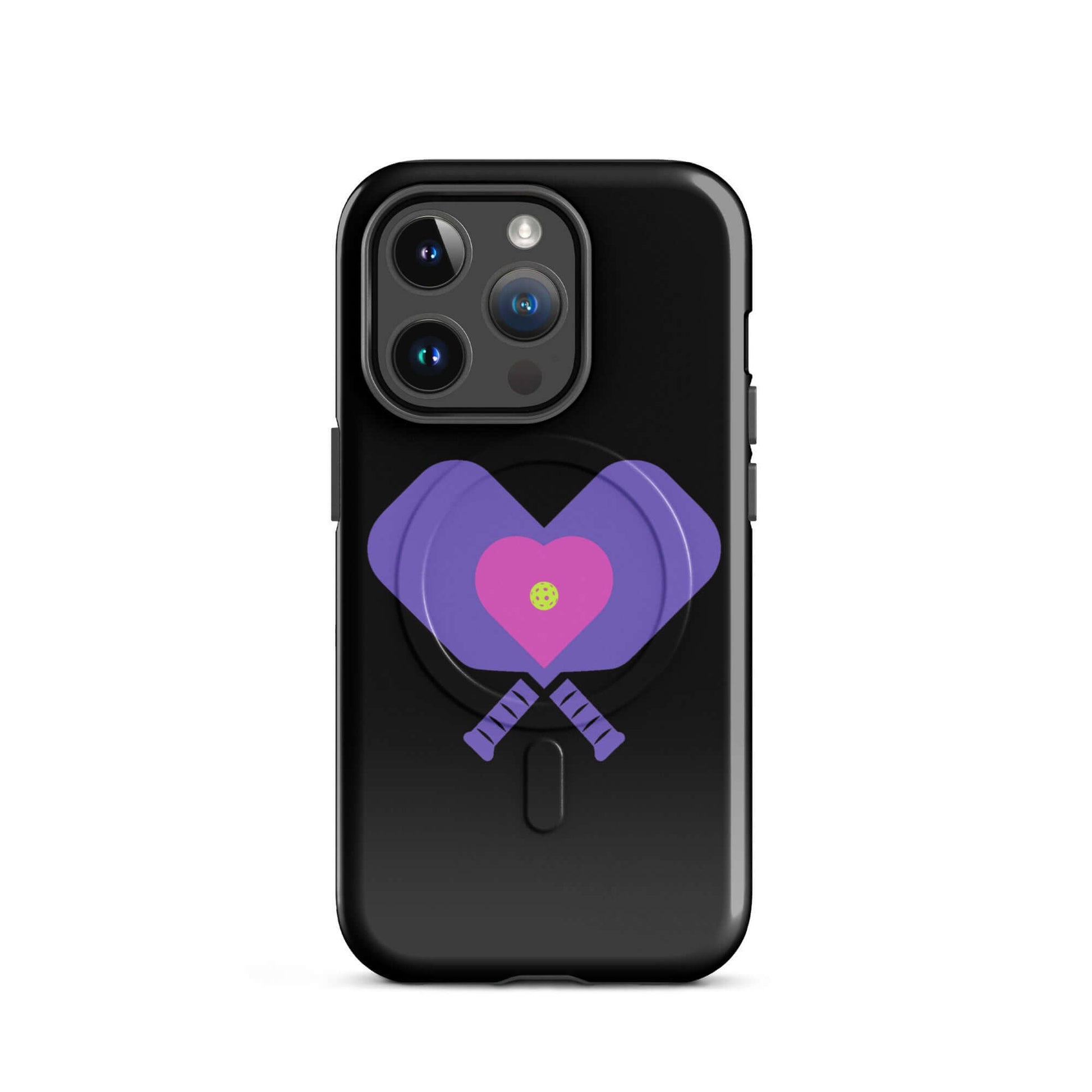 LOVE Pickleball MagSafe Tough Case for iPhone with heart and paddles design on a black background.