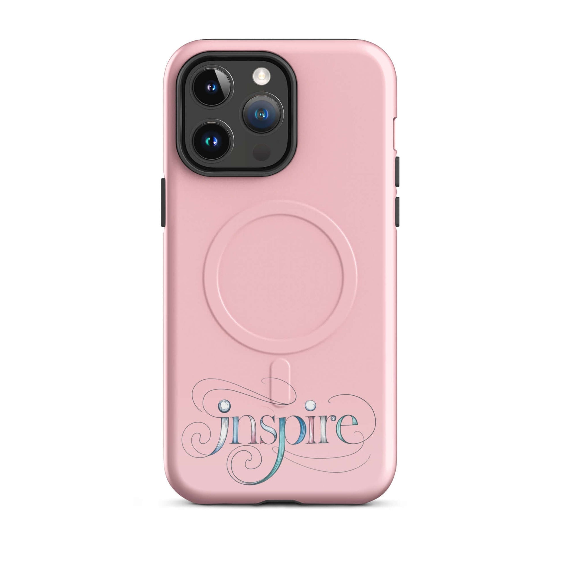 Inspire Sketch MagSafe® Tough Case for iPhone® with elegant word art design in pink and intricate swirls.