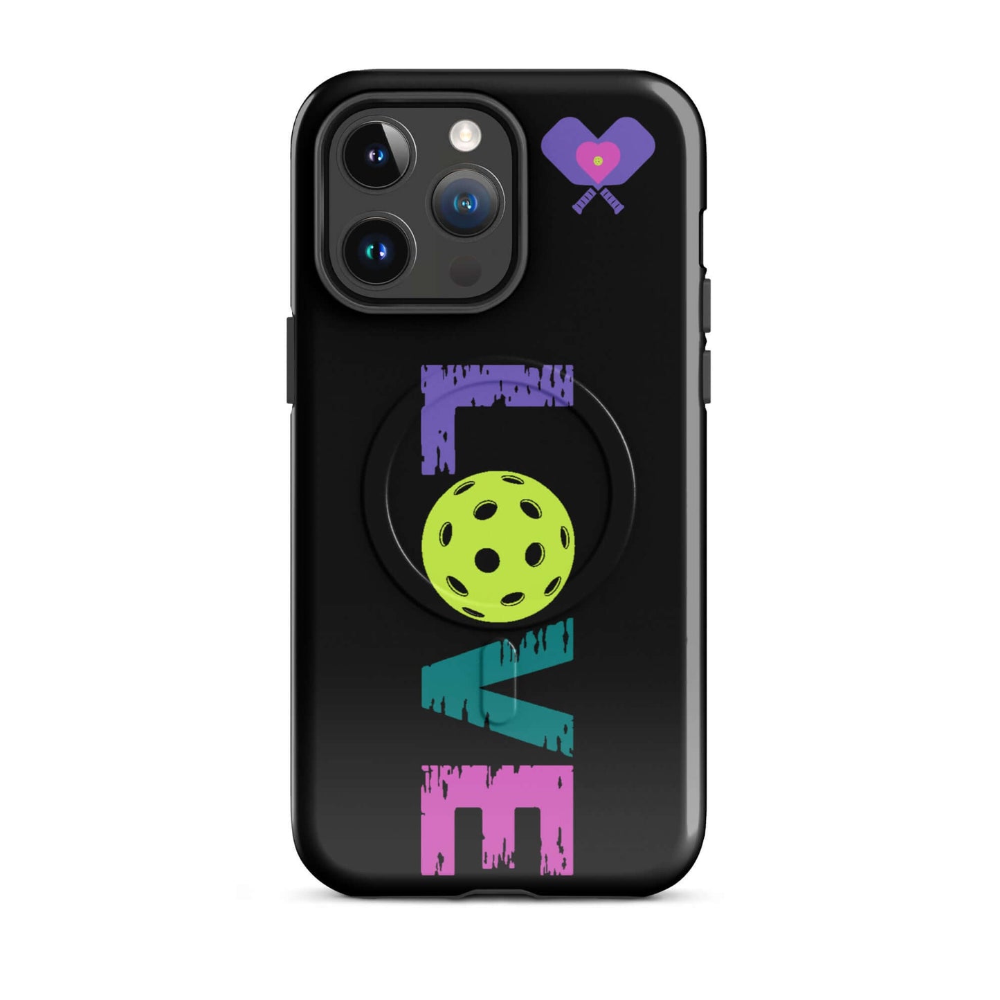 LOVE Pickleball MagSafe Tough Case for iPhone with vibrant colors and pickleball design.