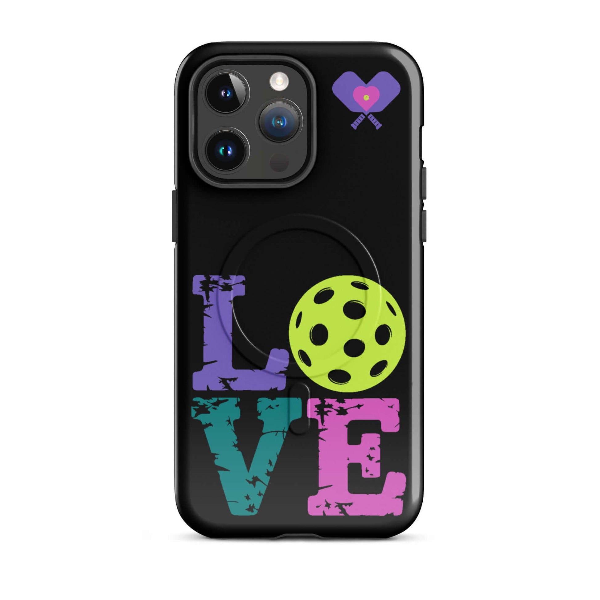 Women’s LOVE Pickleball Tough Case for iPhone® with colorful design and pickleball graphic.