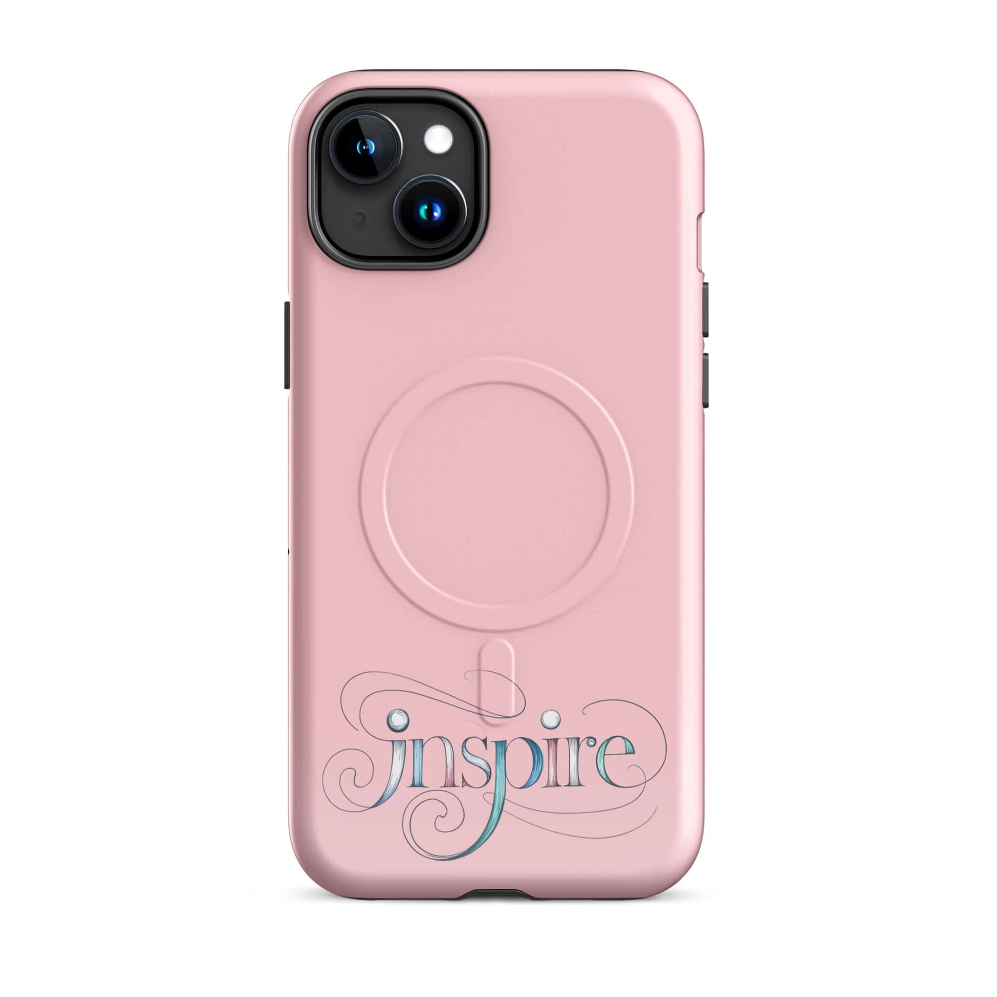 Inspire Sketch MagSafe Tough Case for iPhone in pink with elegant word art design and intricate swirls.