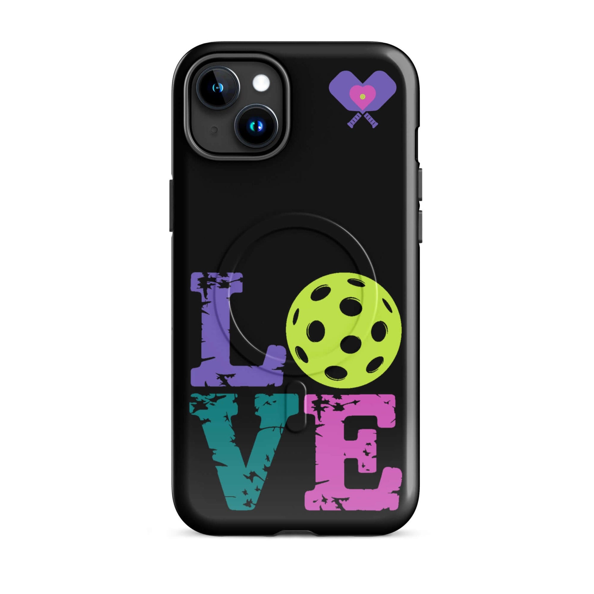 Women’s LOVE Pickleball MagSafe® Tough Case for iPhone® featuring colorful graphics and a pickleball design.