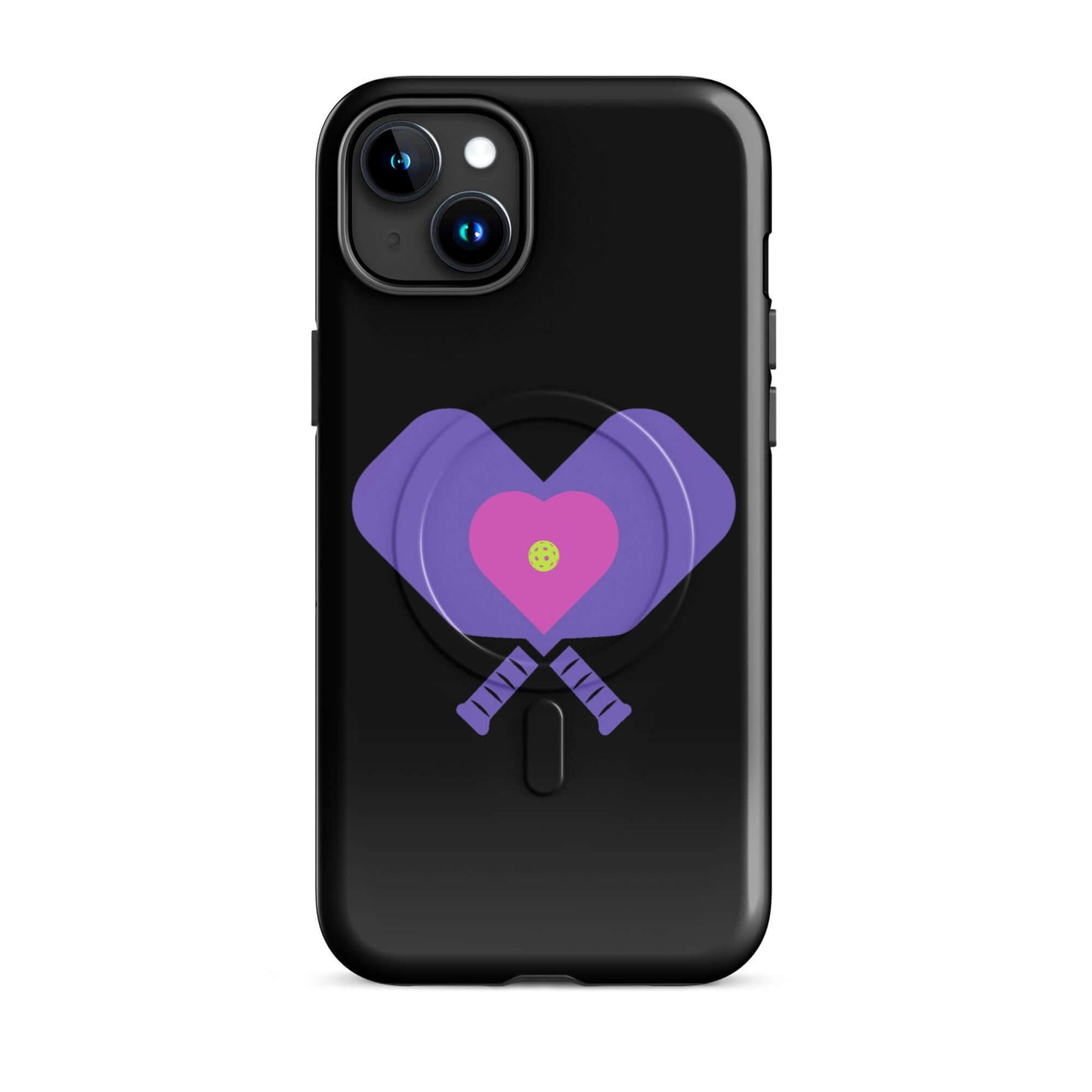 LOVE Pickleball MagSafe Tough Case for iPhone featuring heart and pickleball paddles design.