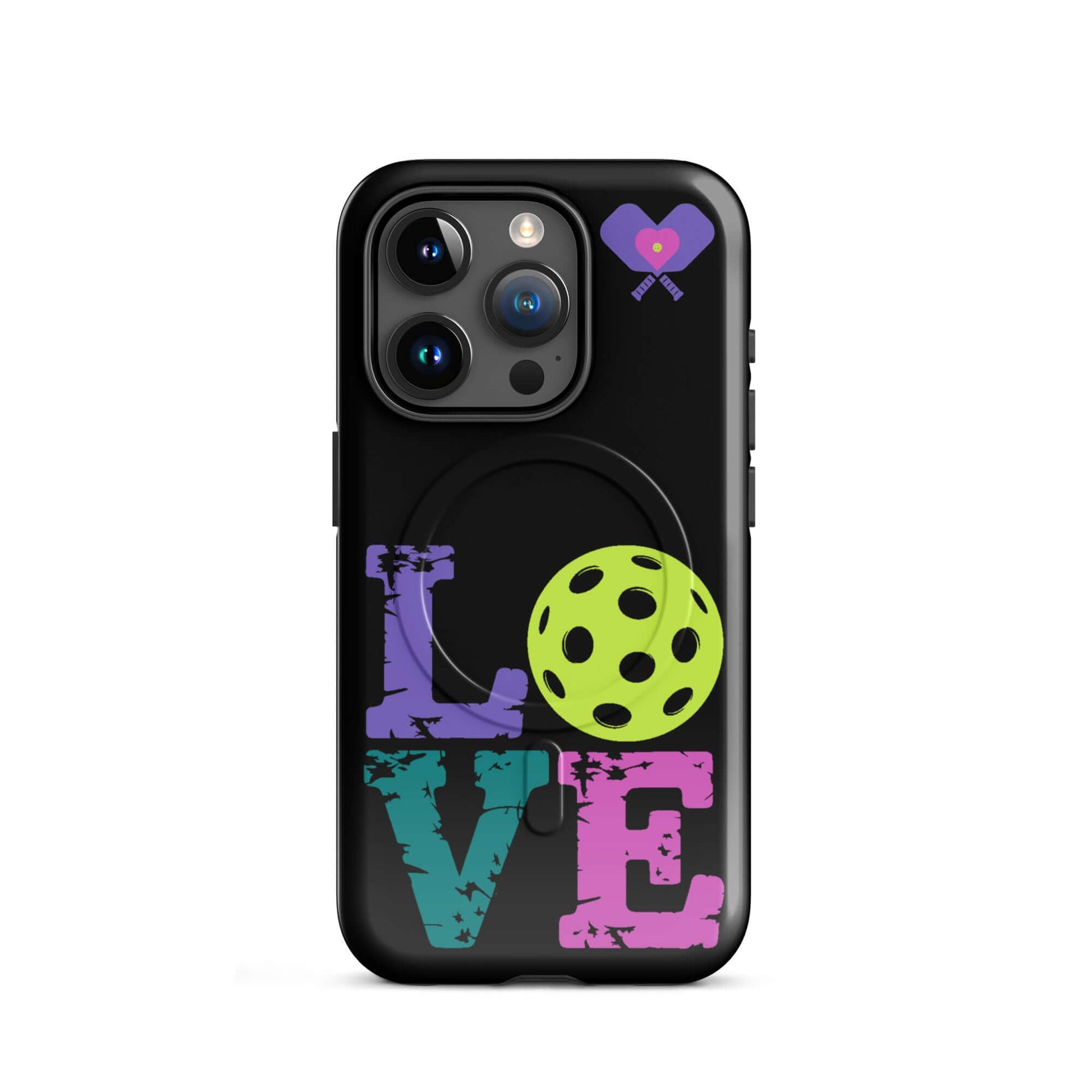 Women’s LOVE Pickleball MagSafe Tough Case for iPhone with vibrant graphics and pickleball design.