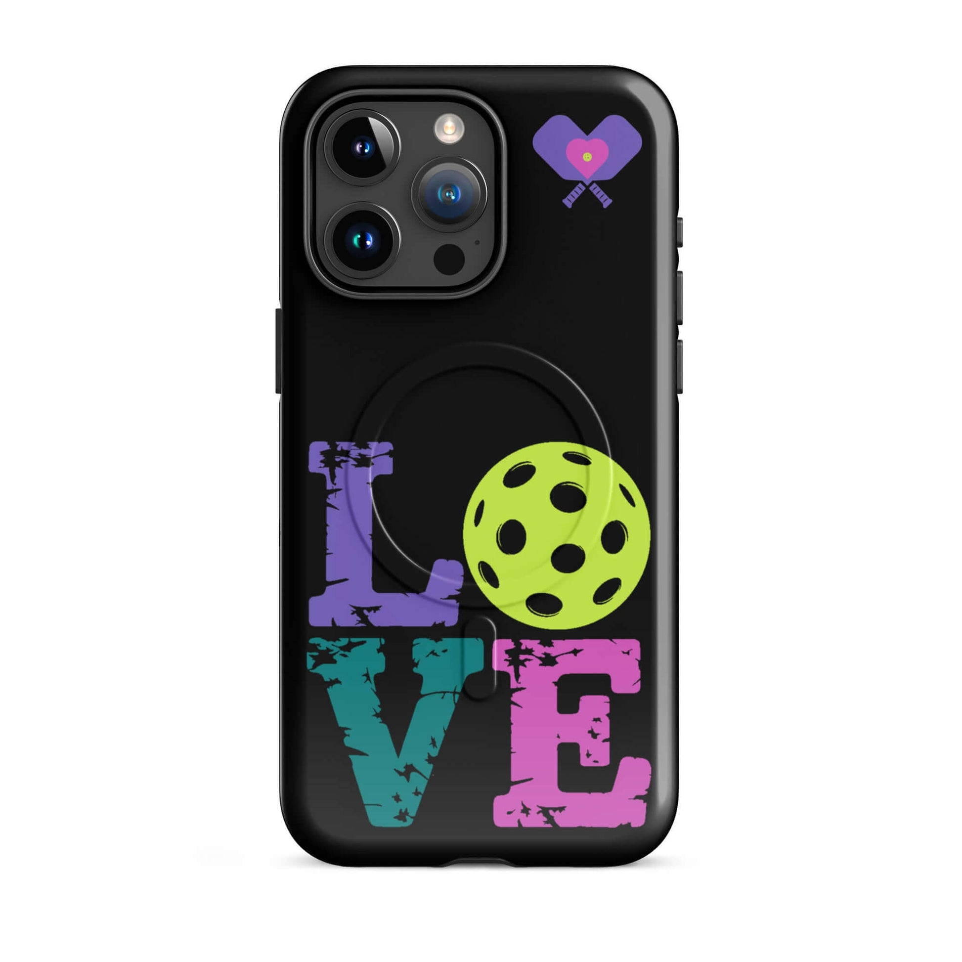 Women’s LOVE Pickleball MagSafe® Tough Case design featuring colorful lettering and a pickleball.