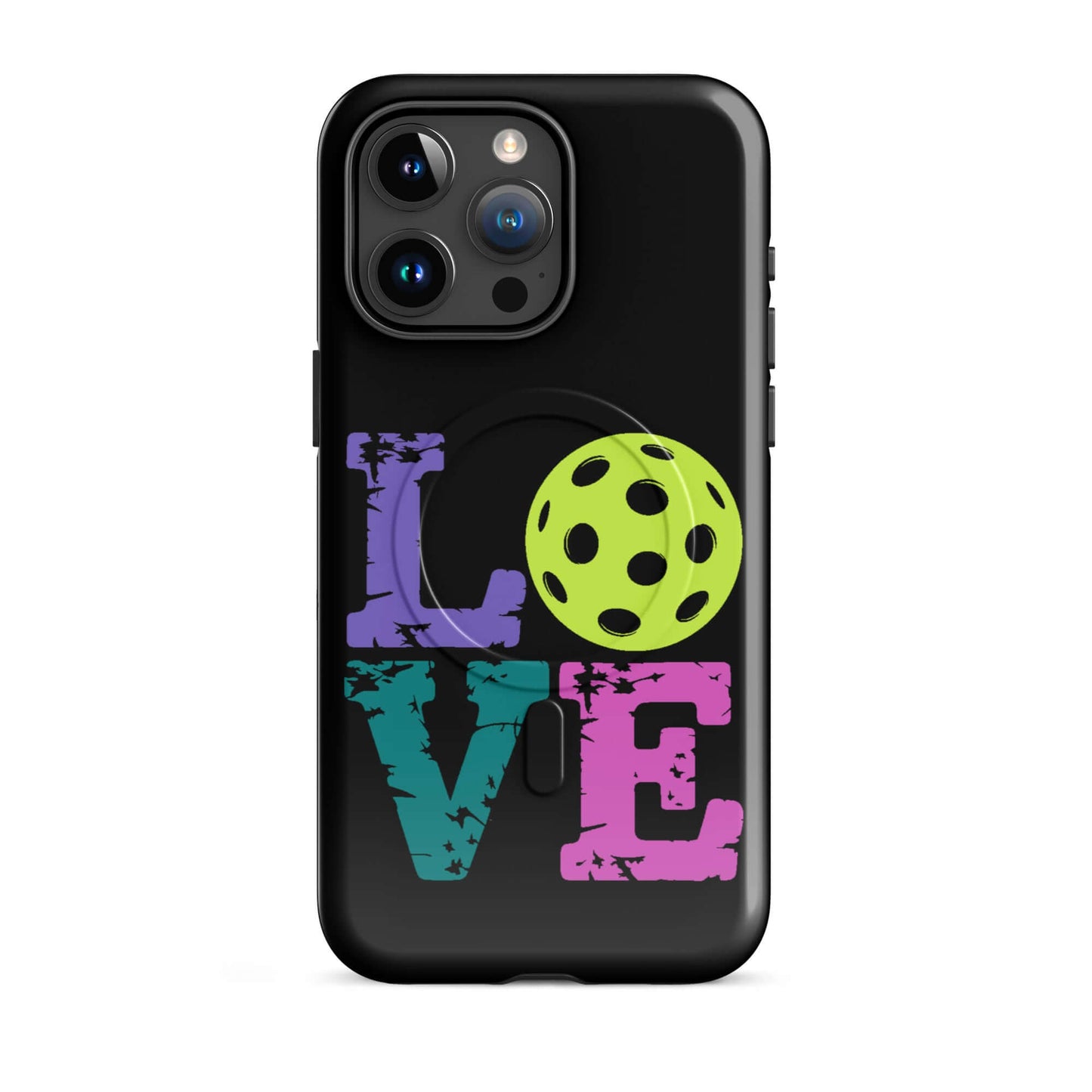 LOVE Pickleball MagSafe® Tough Case for iPhone® with colorful letters and a pickleball graphic.