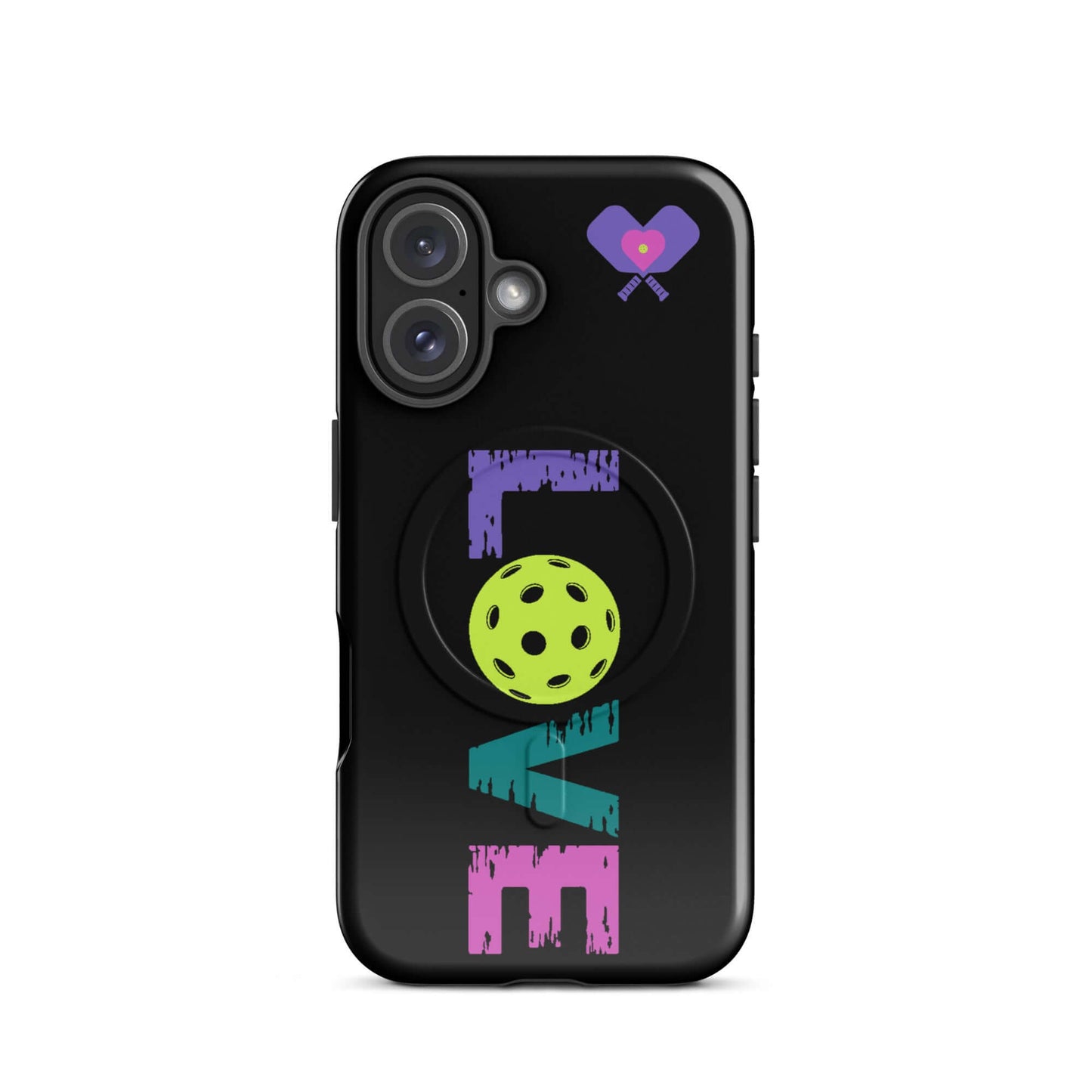 LOVE Pickleball MagSafe® Tough Case for iPhone® featuring vibrant lettering and a pickleball design.