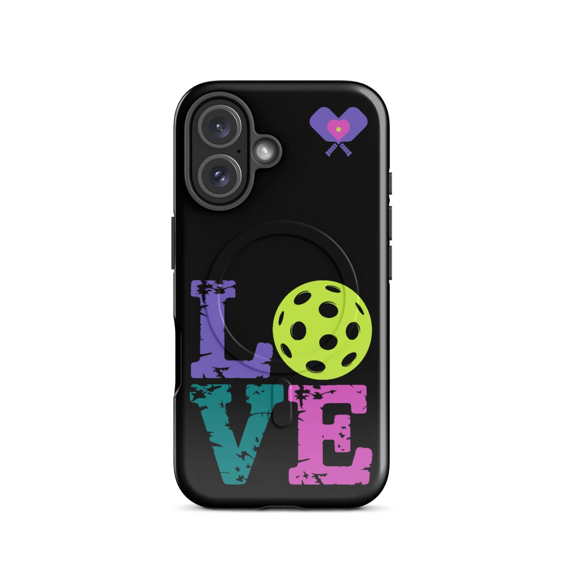 Colorful women's pickleball MagSafe tough case for iPhone, featuring the word 'LOVE' and a pickleball design.