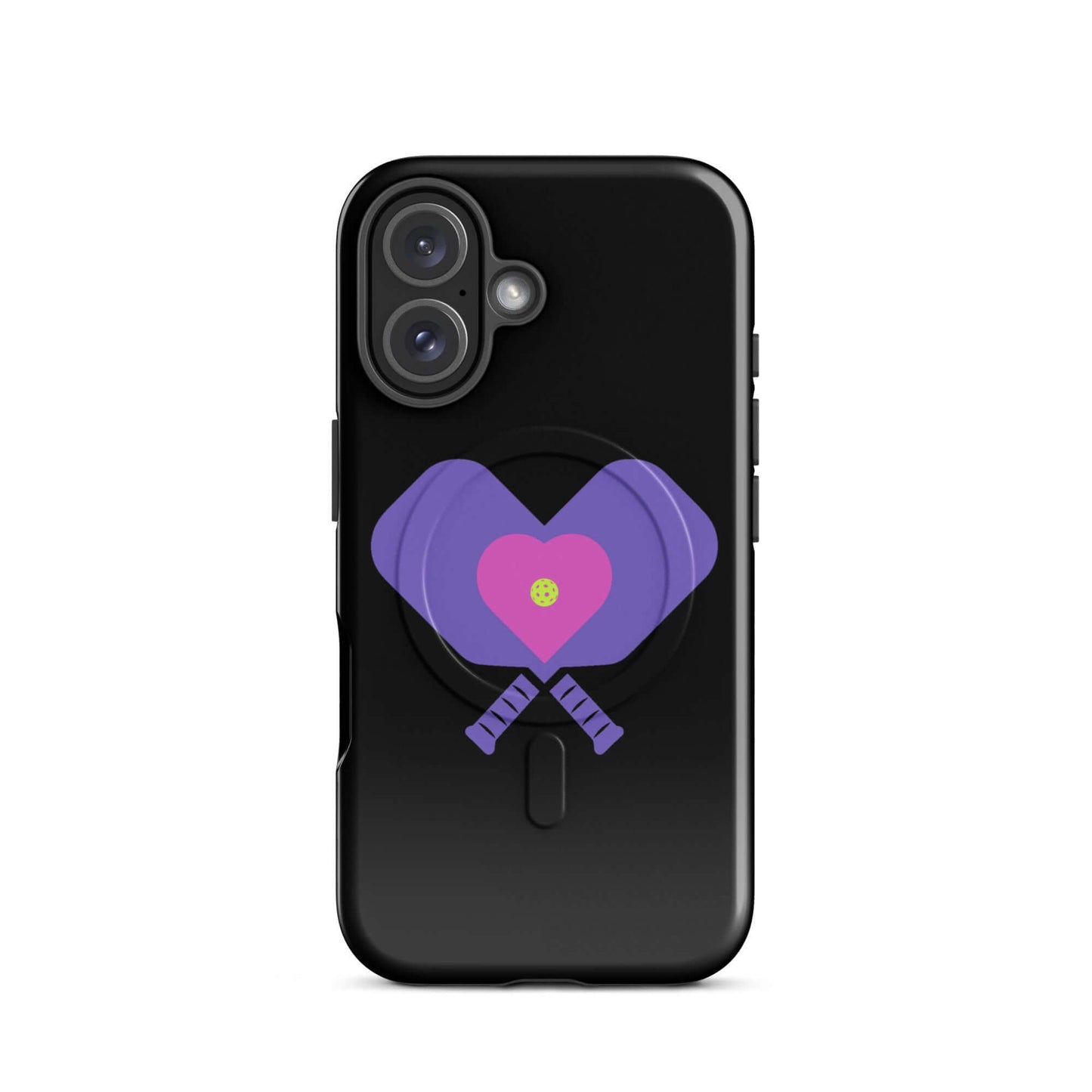 LOVE Pickleball MagSafe® Tough Case for iPhone® featuring purple paddles and heart design.