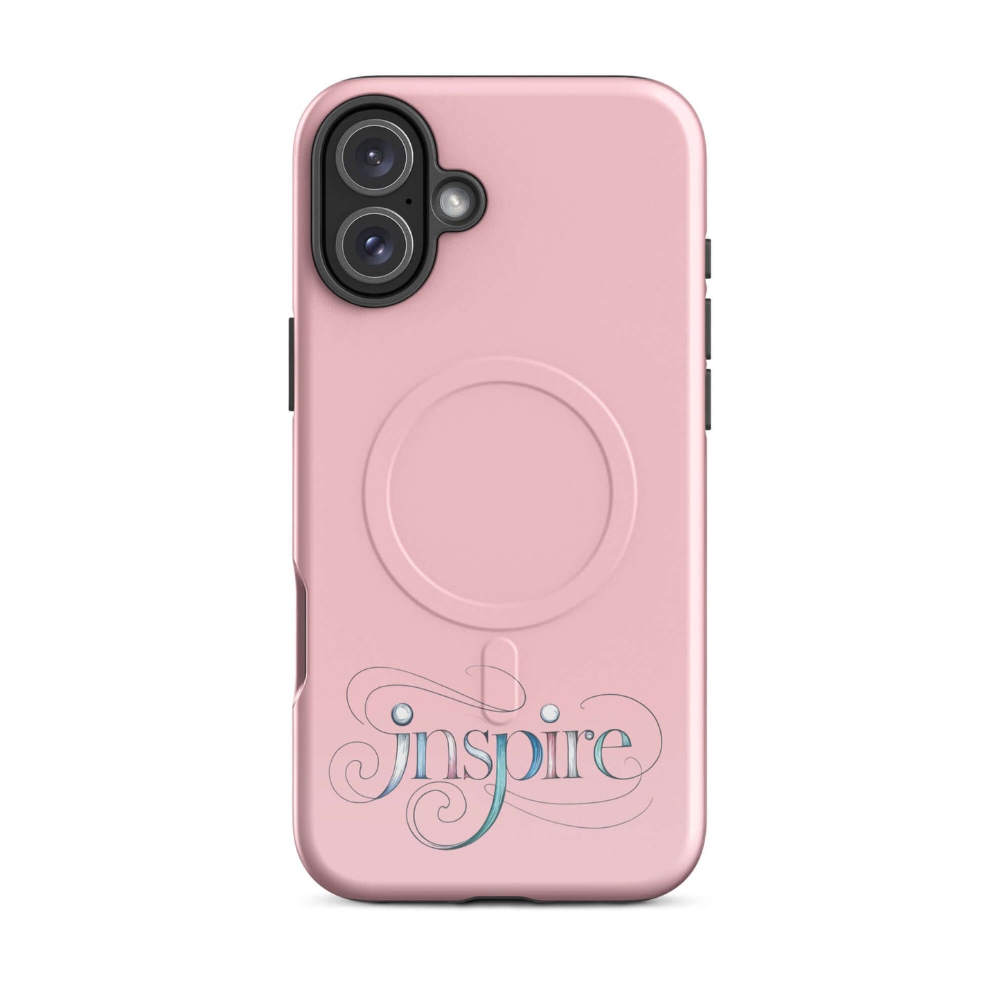 Inspire Sketch MagSafe Tough Case for iPhone in pink with elegant swirling word art design.