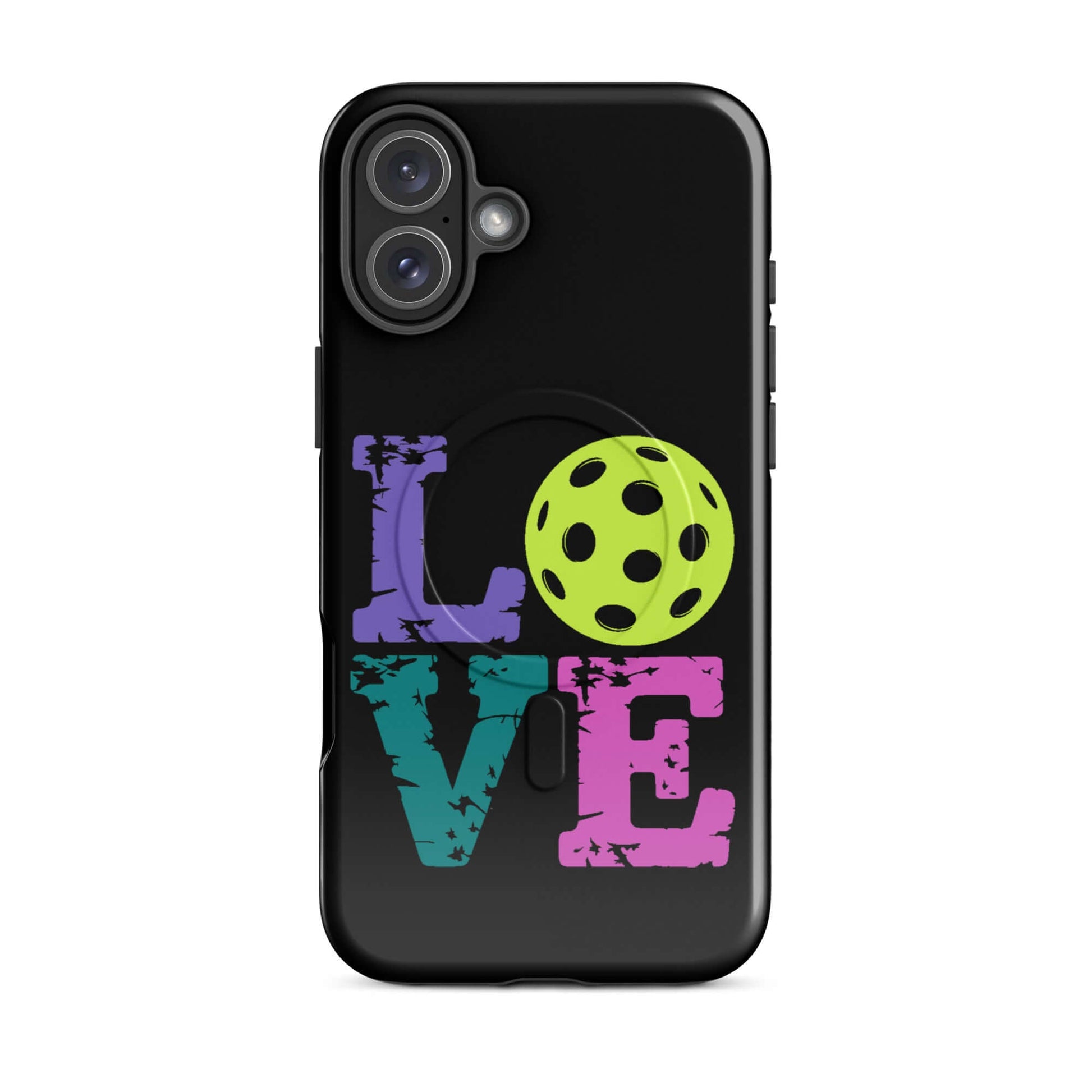 LOVE Pickleball MagSafe® Tough Case for iPhone® featuring colorful text and a pickleball graphic.