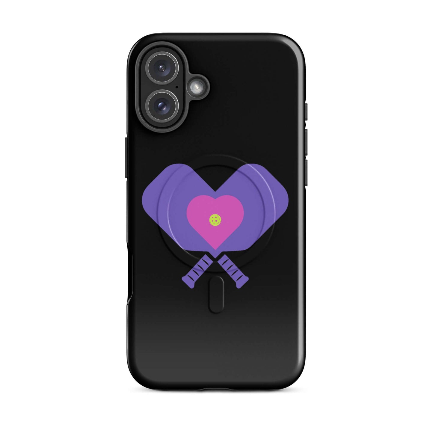 LOVE Pickleball MagSafe Tough Case for iPhone with heart and paddle design, celebrating pickleball passion.