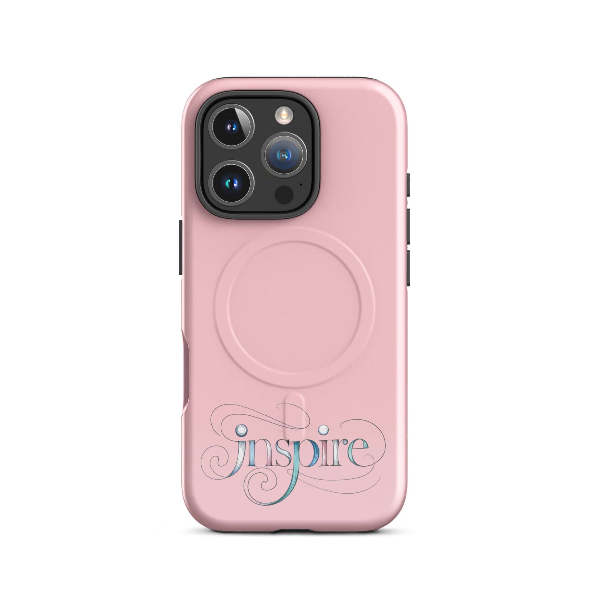 Pink Inspire Sketch MagSafe® Tough Case for iPhone® showcasing elegant word art design with swirls.