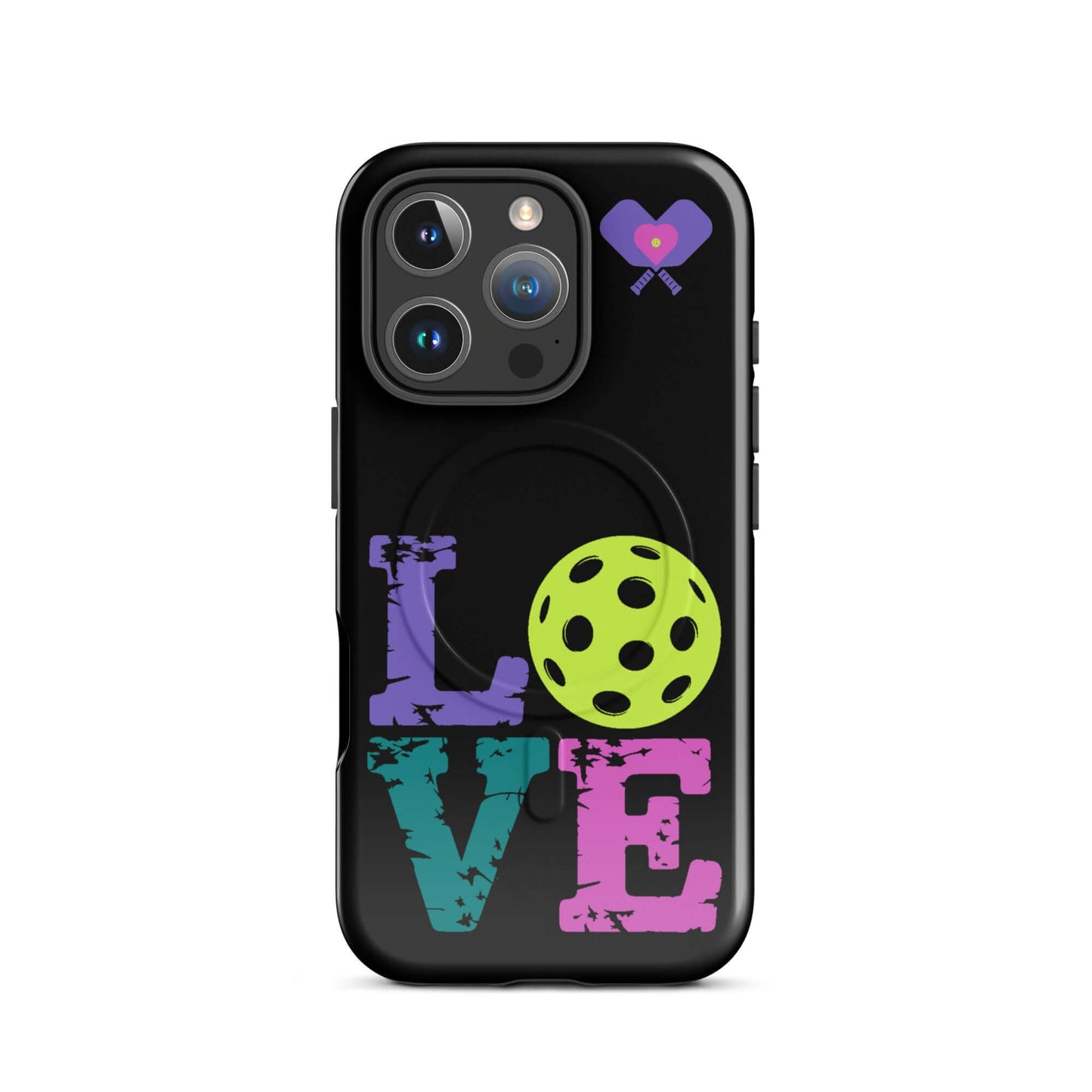 Women’s LOVE Pickleball tough case for iPhone, showcasing colorful pickleball design and durable protection.