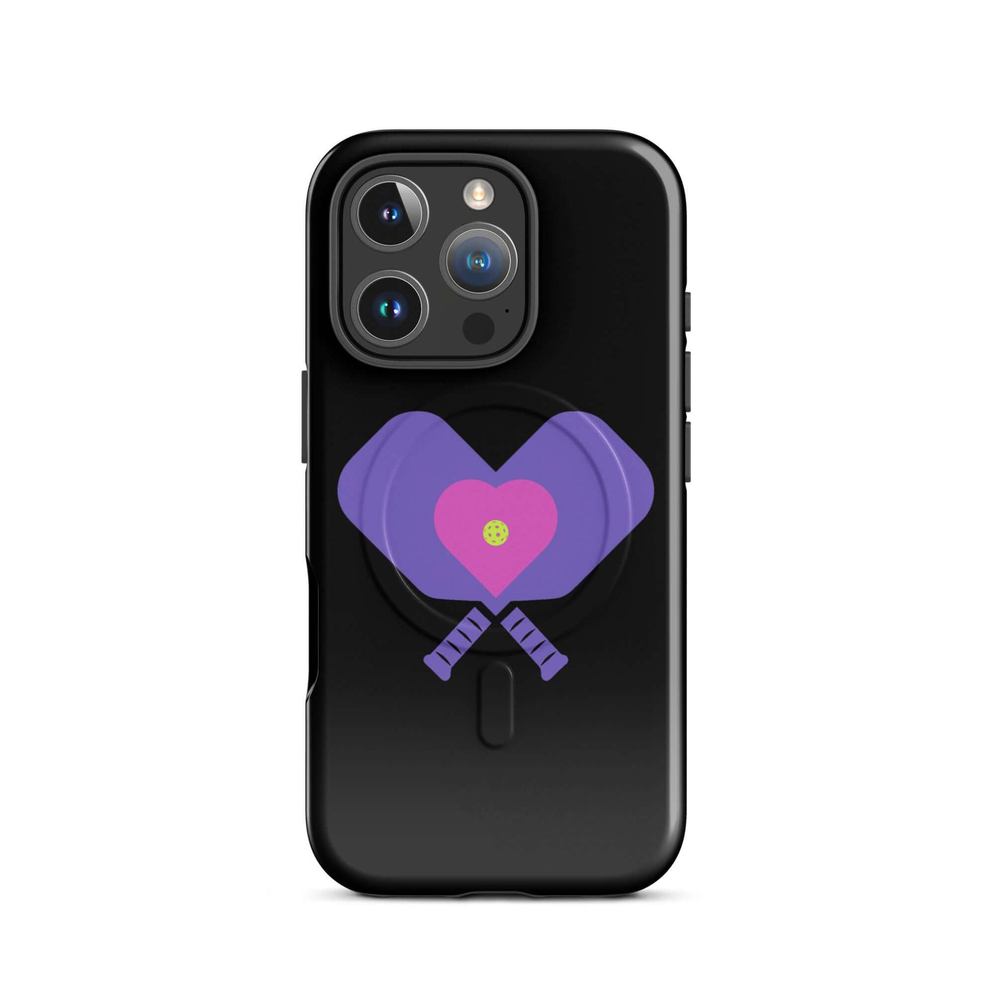 LOVE Pickleball MagSafe® Tough Case for iPhone® with heart and paddles design on a black background.