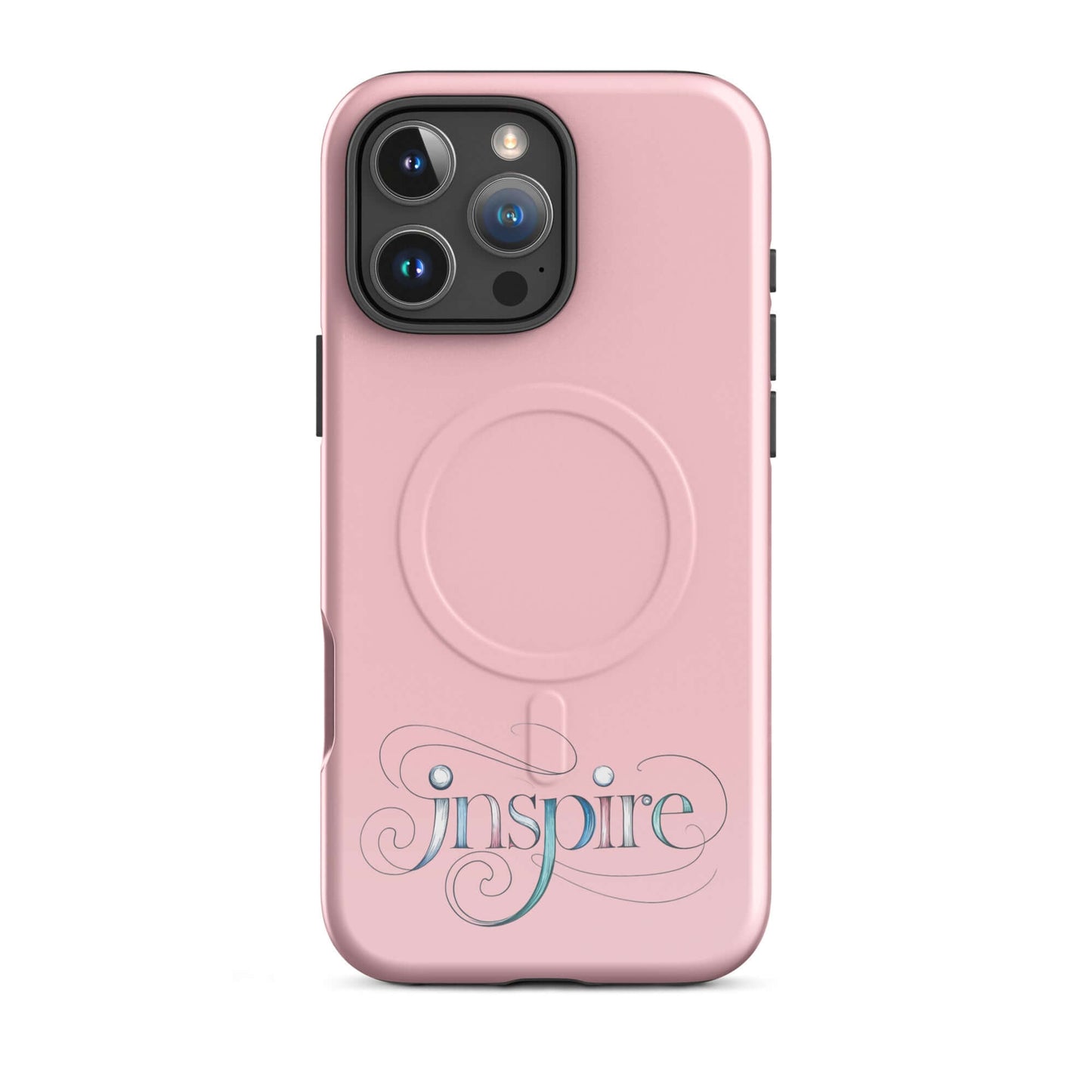 Inspire Sketch MagSafe® Tough Case for iPhone® in pink featuring elegant swirling word art design.