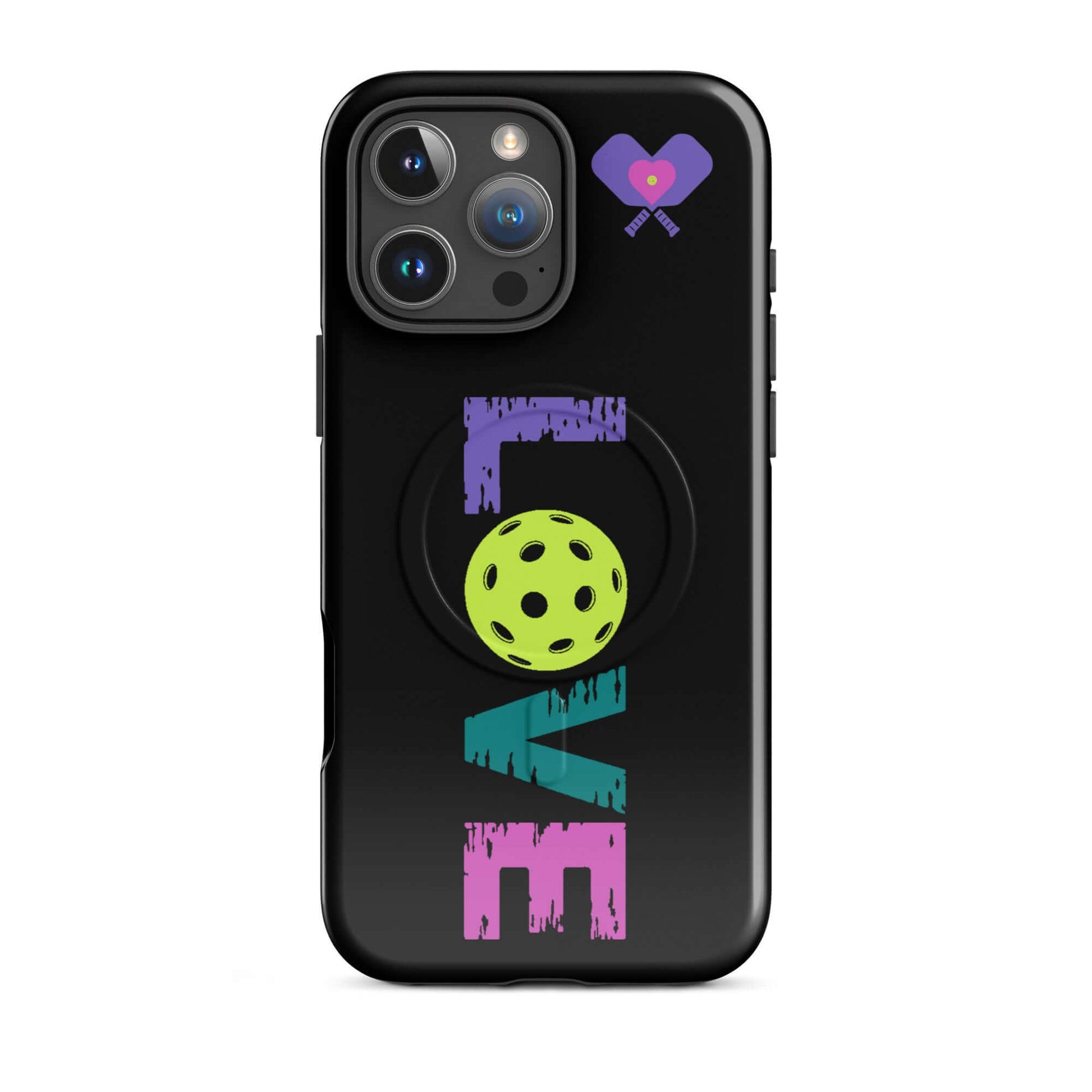 LOVE Pickleball MagSafe Tough Case for iPhone with colorful text and pickleball graphic.