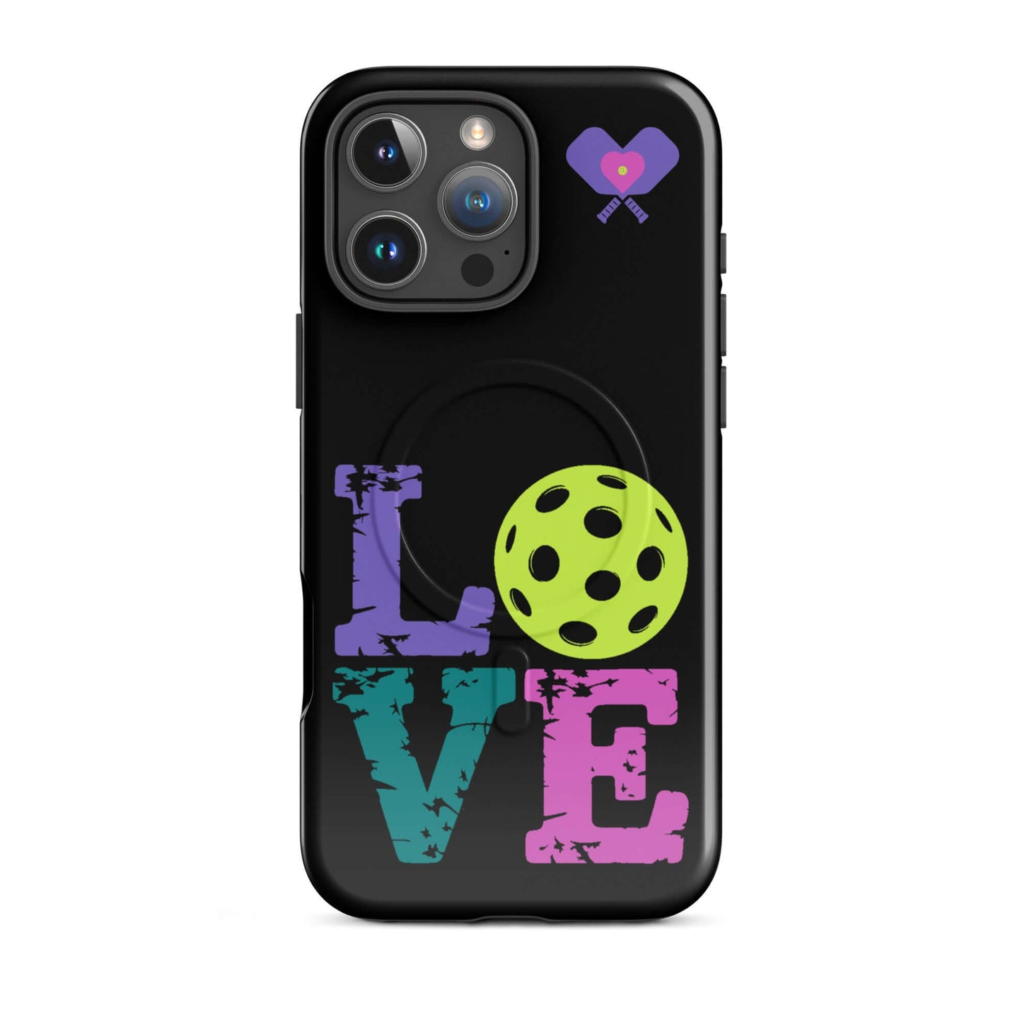 Women’s LOVE Pickleball MagSafe Tough Case for iPhone with vibrant design and pickleball motif.