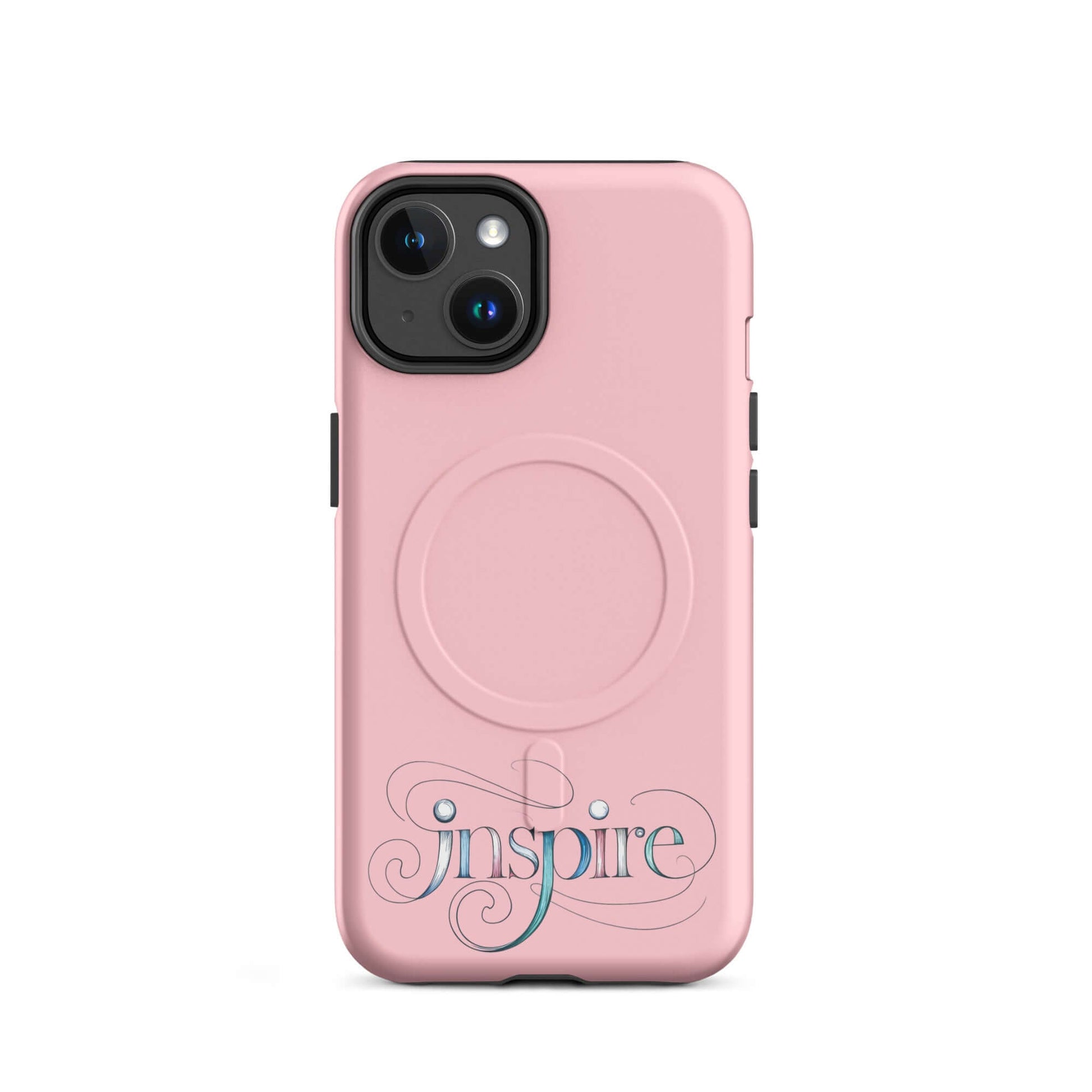 Inspire Sketch MagSafe® Tough Case for iPhone® in pink with elegant swirling design and word 'Inspire'.