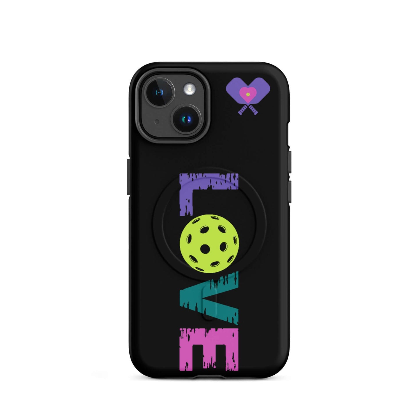 LOVE Pickleball MagSafe Tough Case for iPhone with colorful design and pickleball graphic.