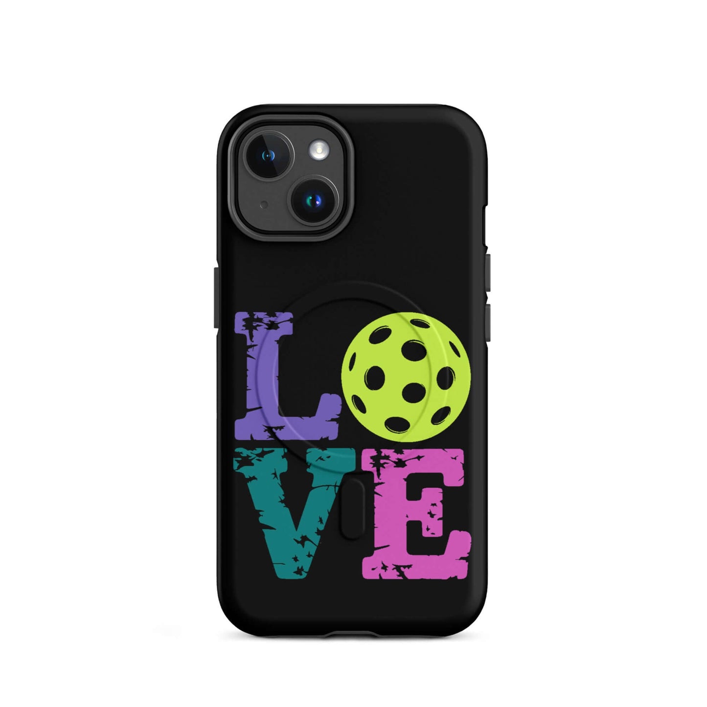 LOVE Pickleball MagSafe® Tough Case for iPhone® featuring colorful lettering and a pickleball design.