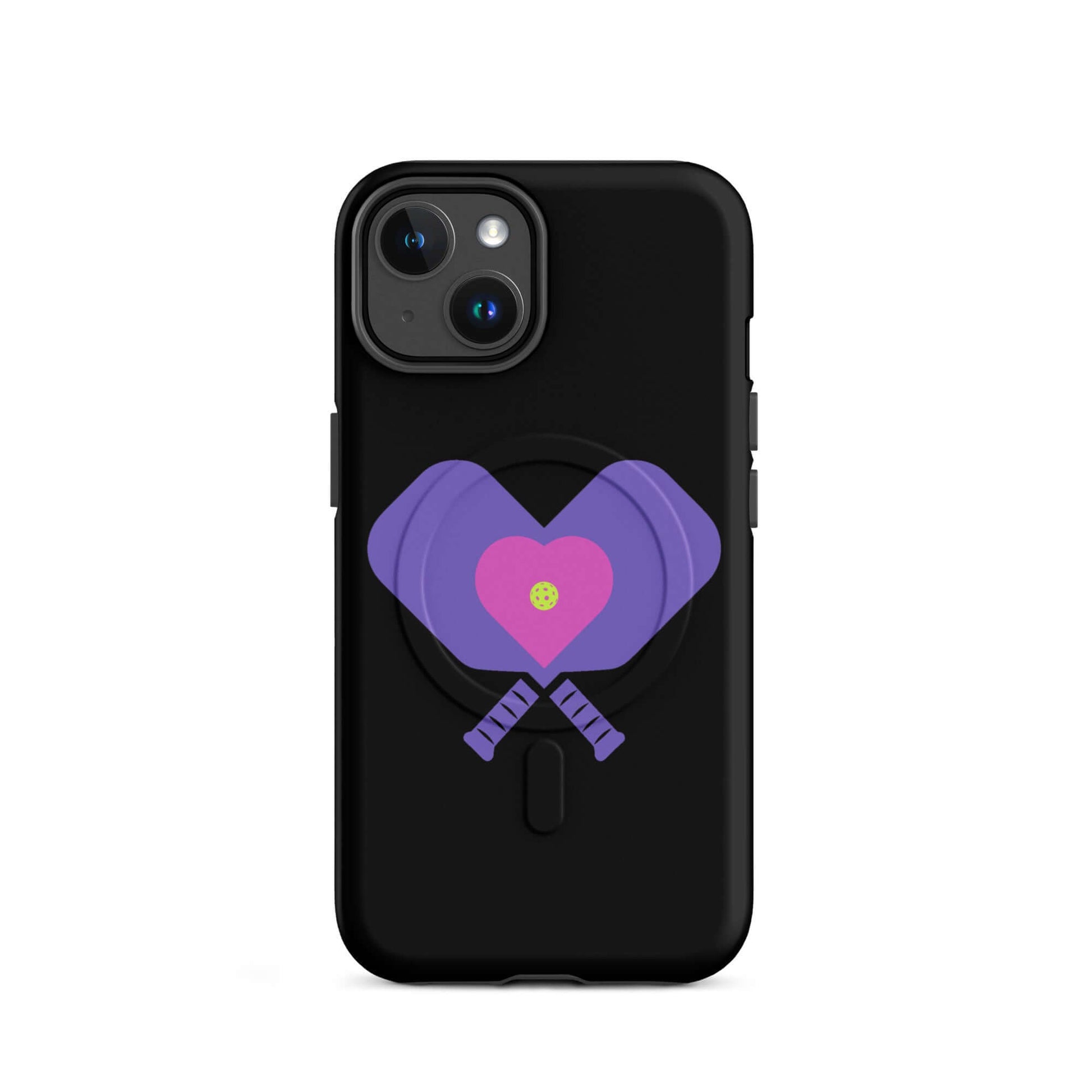 LOVE Pickleball MagSafe Tough Case for iPhone featuring heart design and rackets on a black background.