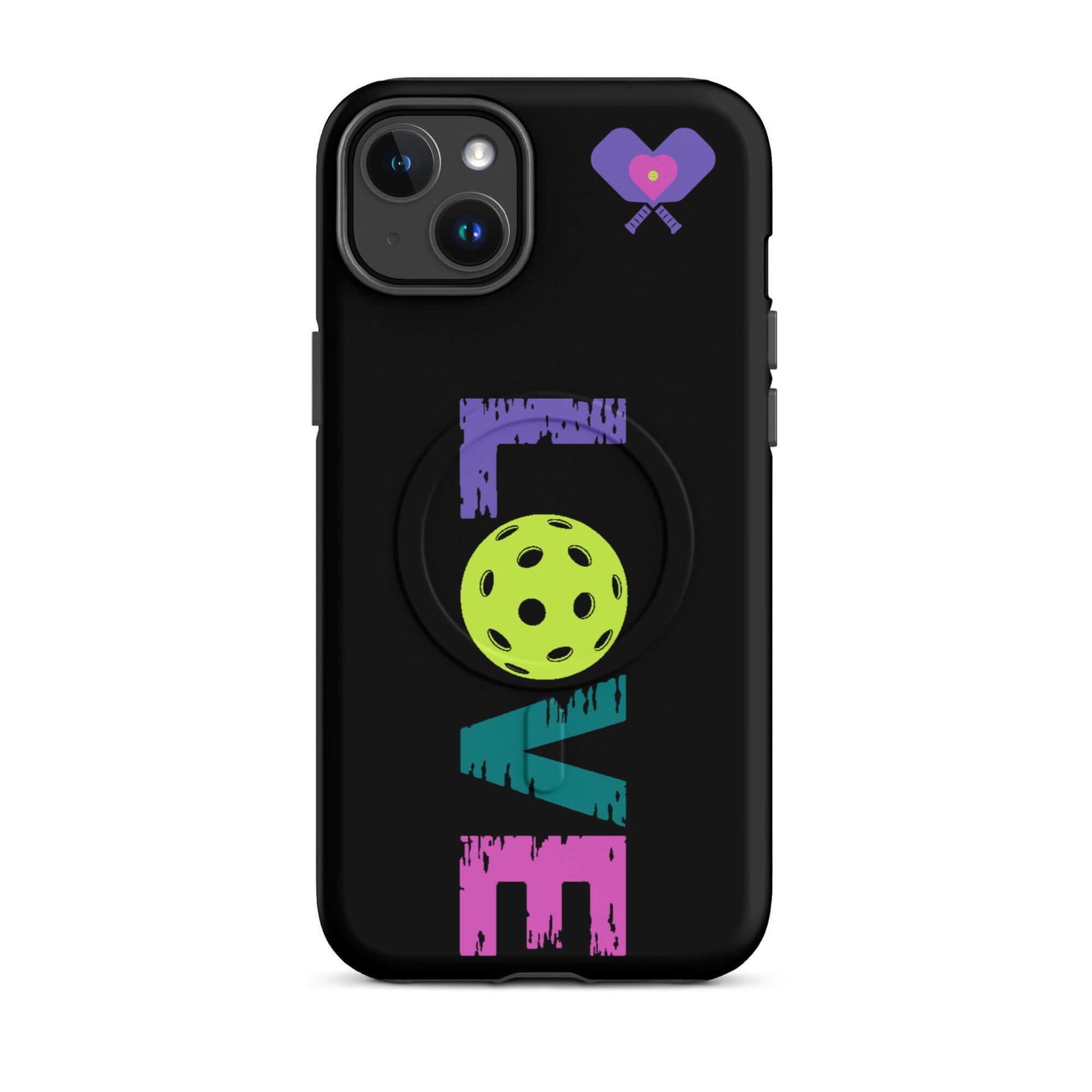 LOVE Pickleball MagSafe Tough Case for iPhone with colorful pickleball design on black background.