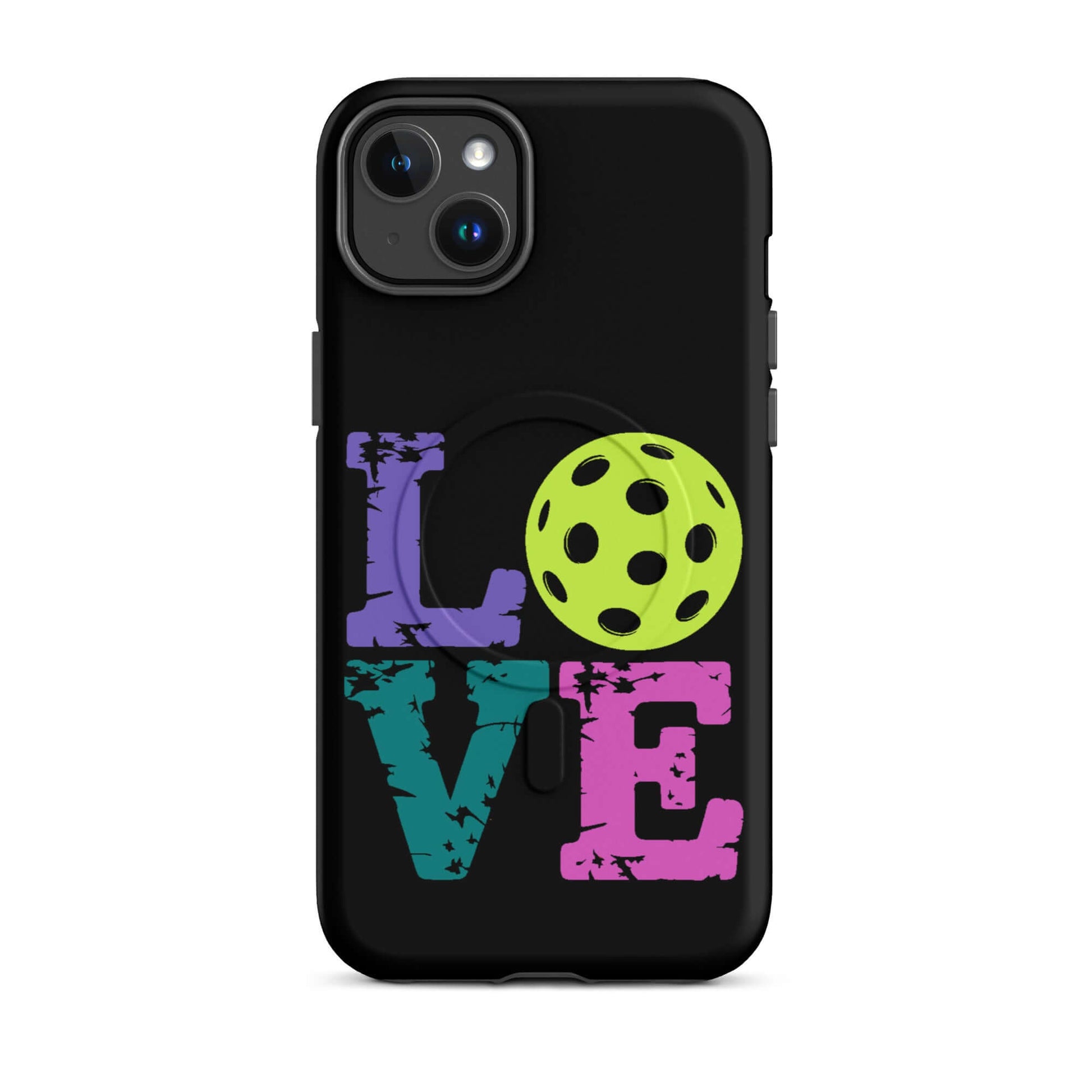 LOVE Pickleball MagSafe Tough Case for iPhone with colorful lettering and a pickleball graphic.