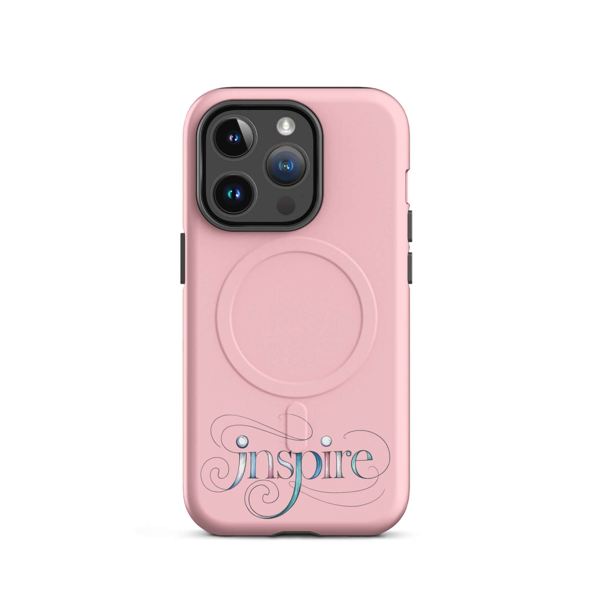 Inspire Sketch MagSafe Tough Case for iPhone in pink with elegant word art design.