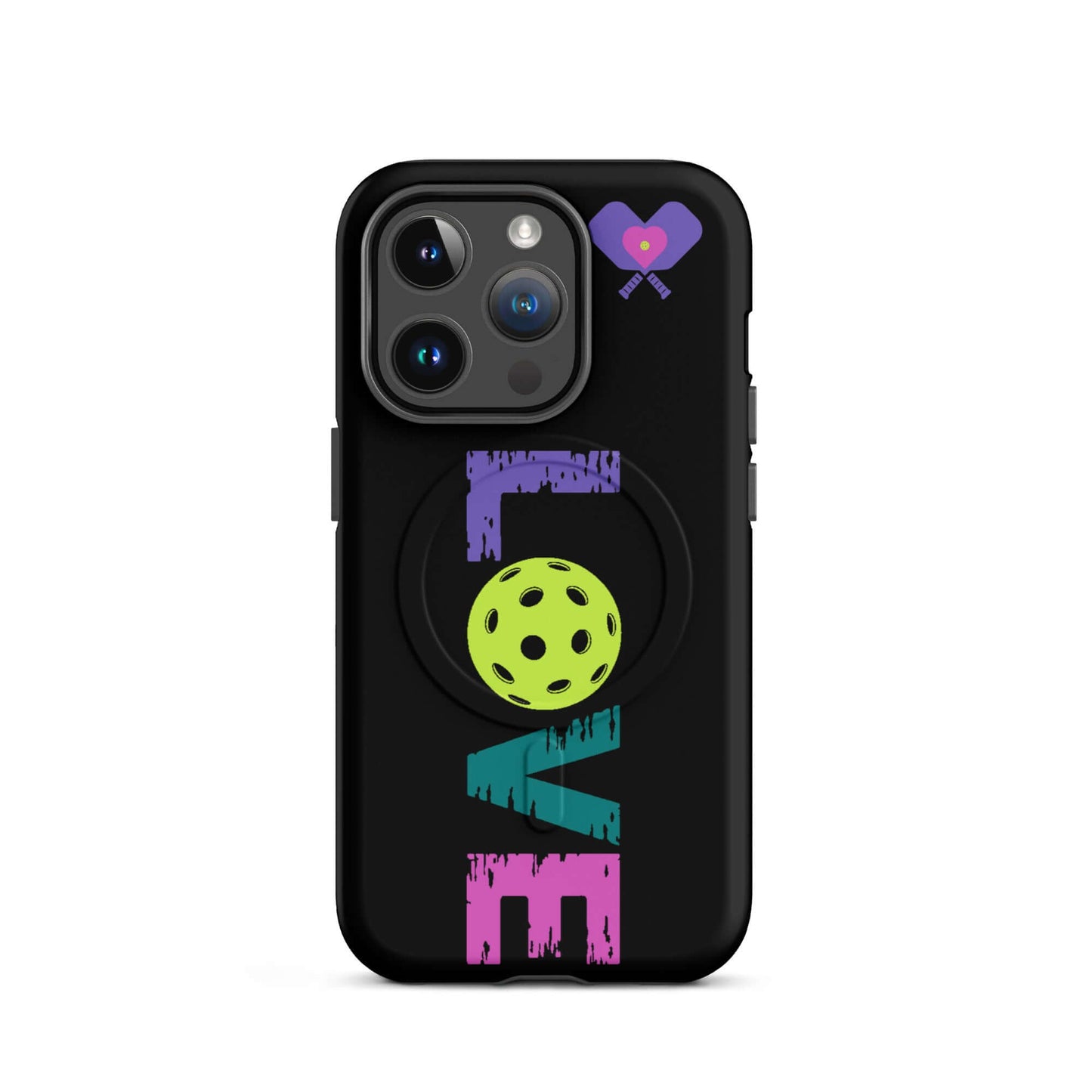 LOVE Pickleball MagSafe Tough Case for iPhone showcasing vibrant colors and pickleball design.