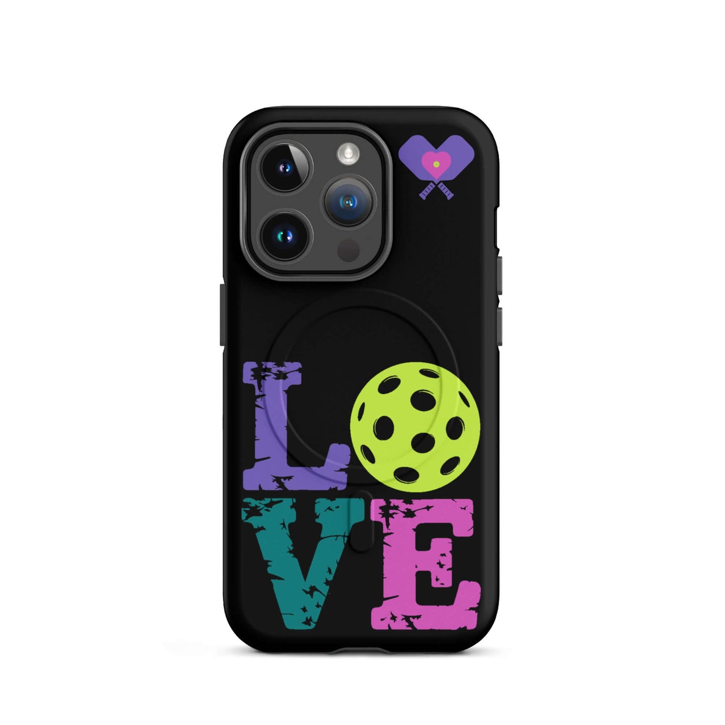 Women’s LOVE Pickleball MagSafe® Tough Case for iPhone® with colorful design and pickleball graphic.