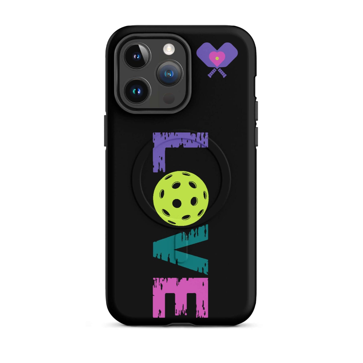 LOVE Pickleball MagSafe Tough Case for iPhone featuring colorful graphics and a pickleball design.