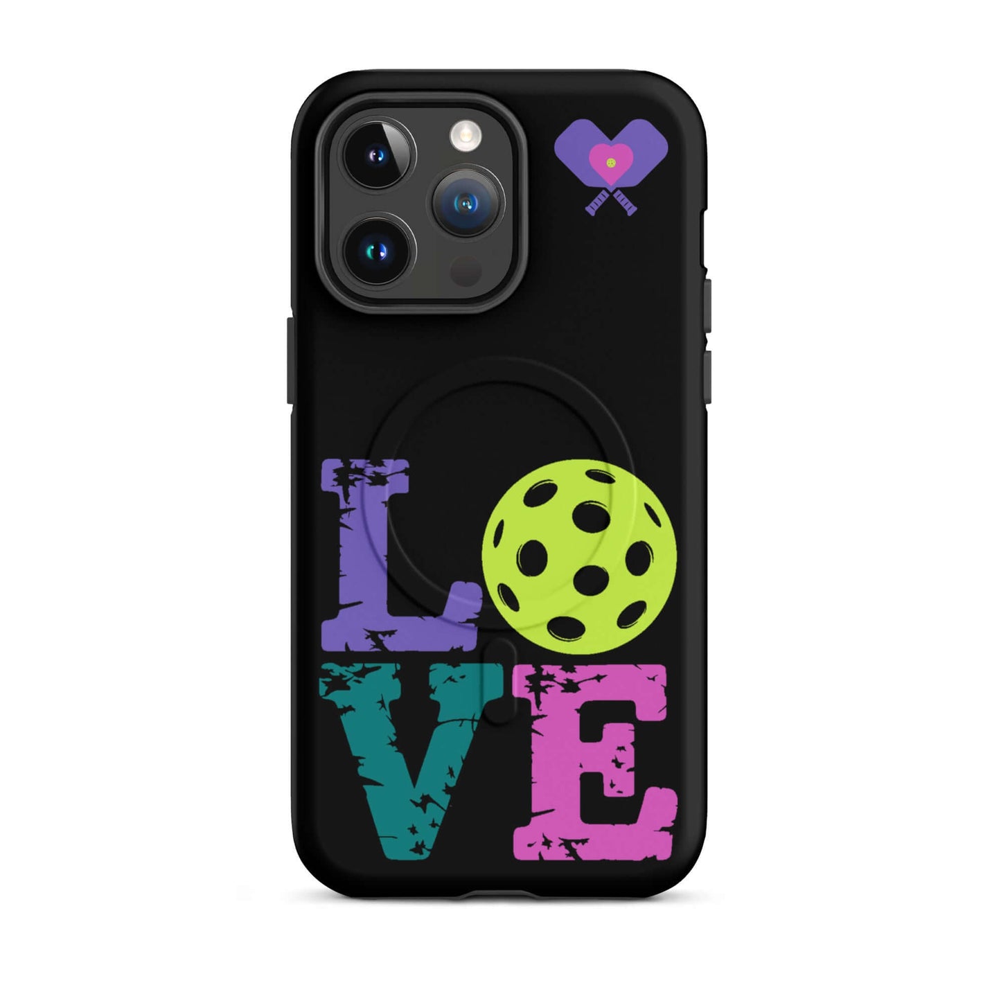 Women’s LOVE Pickleball MagSafe® Tough Case for iPhone® featuring vibrant text and a pickleball design.