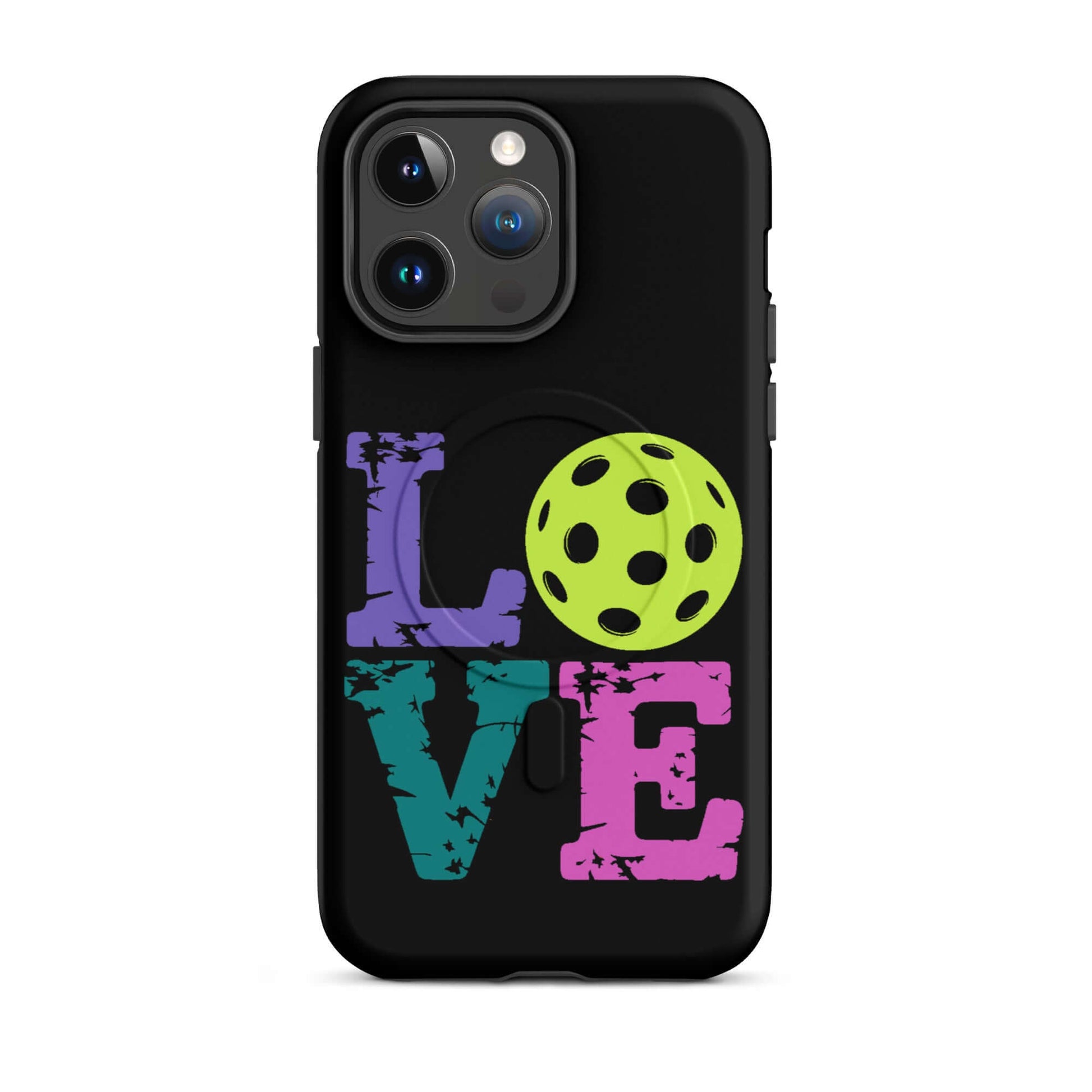 LOVE Pickleball MagSafe® Tough Case for iPhone® featuring vibrant colors and a pickleball graphic.