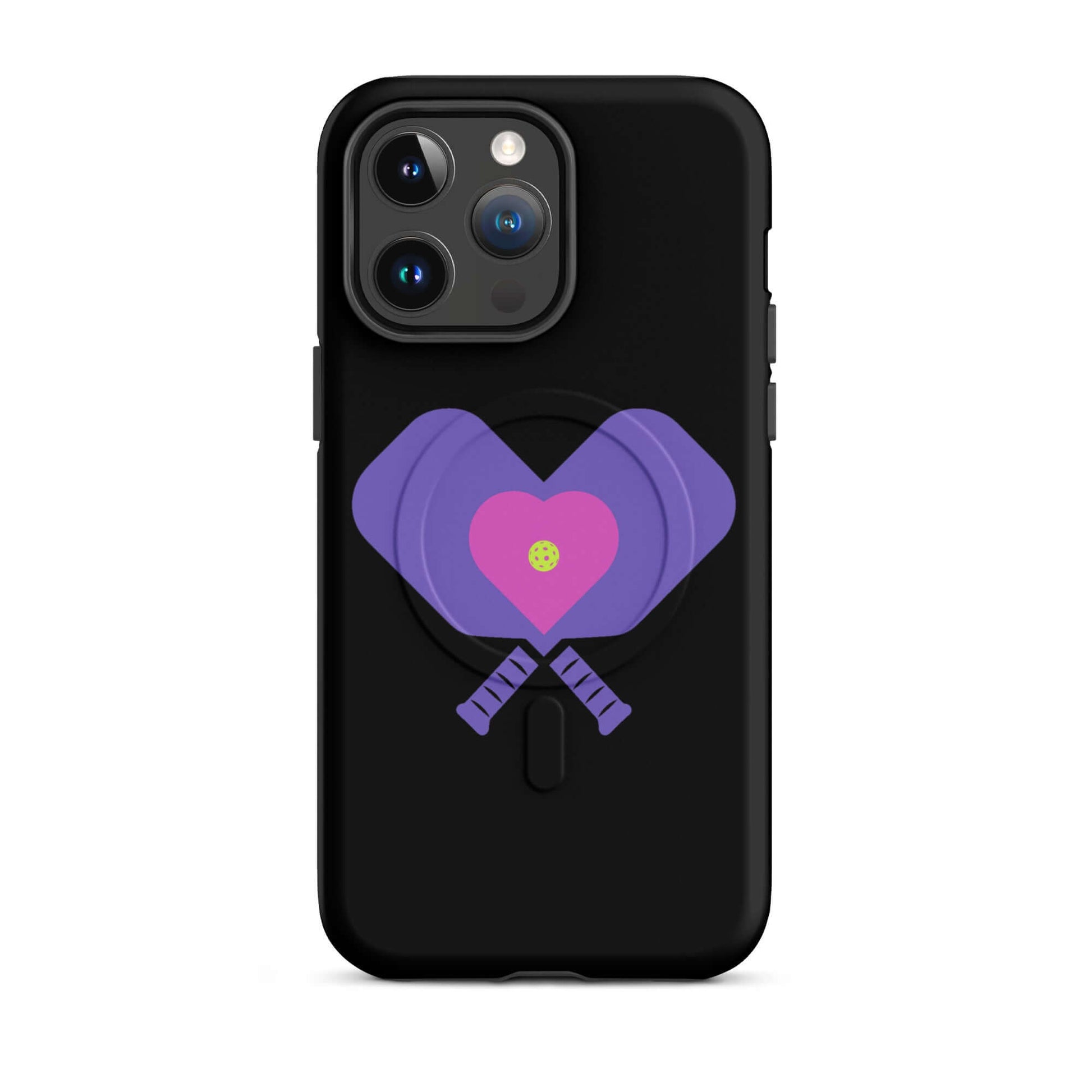 LOVE Pickleball MagSafe Tough Case for iPhone featuring pickleball paddles and heart design.