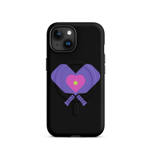 LOVE Pickleball MagSafe Tough Case for iPhone featuring heart and paddle design on a black background.