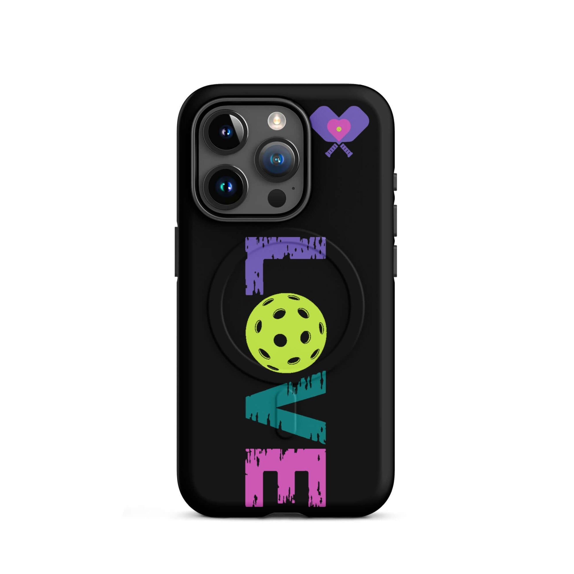 LOVE Pickleball MagSafe Tough Case for iPhone with colorful design and pickleball graphics.