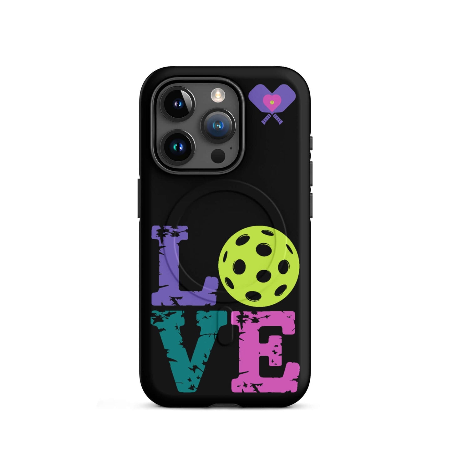 Women’s LOVE Pickleball MagSafe Tough Case for iPhone with colorful design and pickleball graphics.